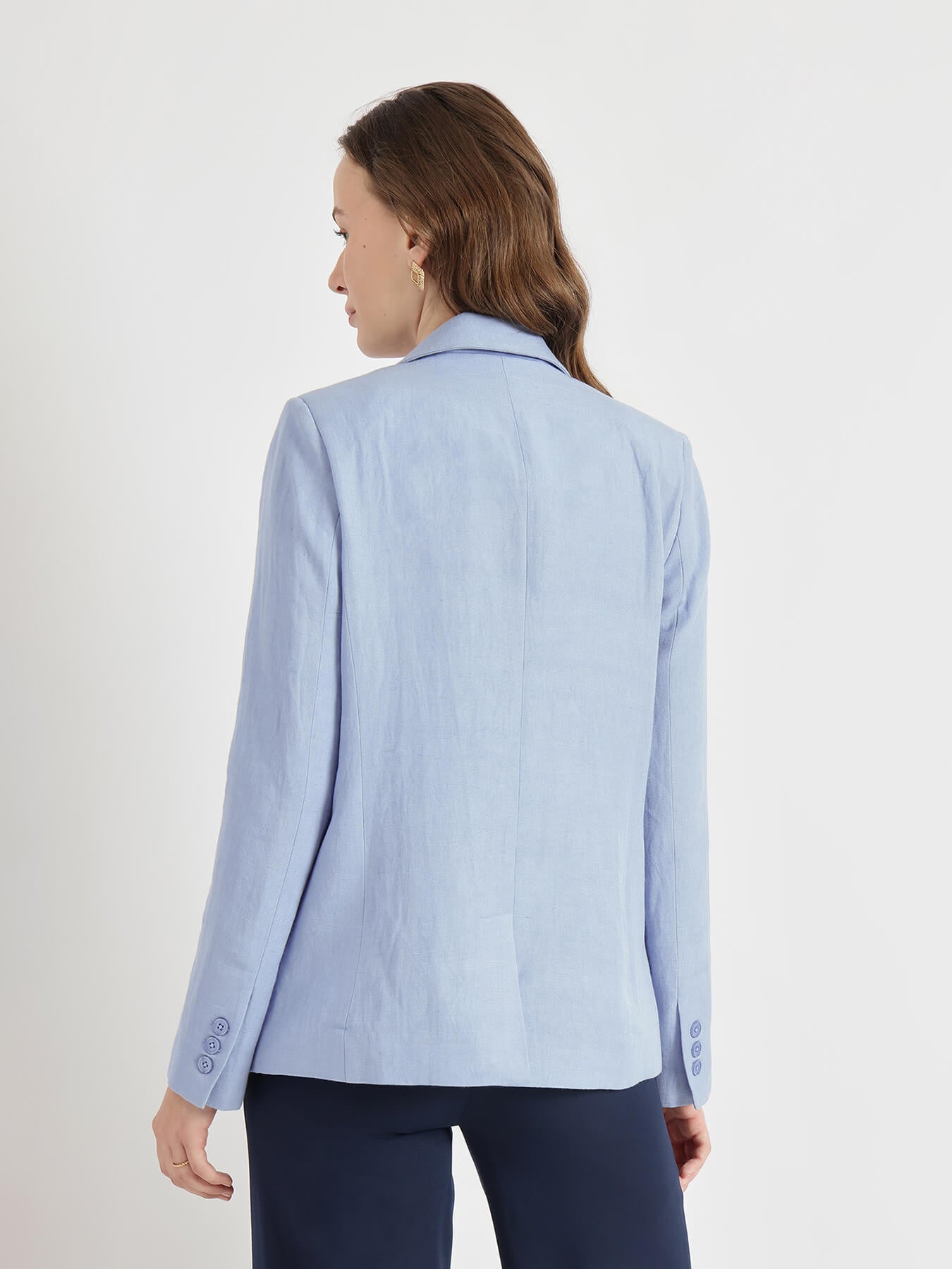 Linen Single Breasted Blazer - Blue