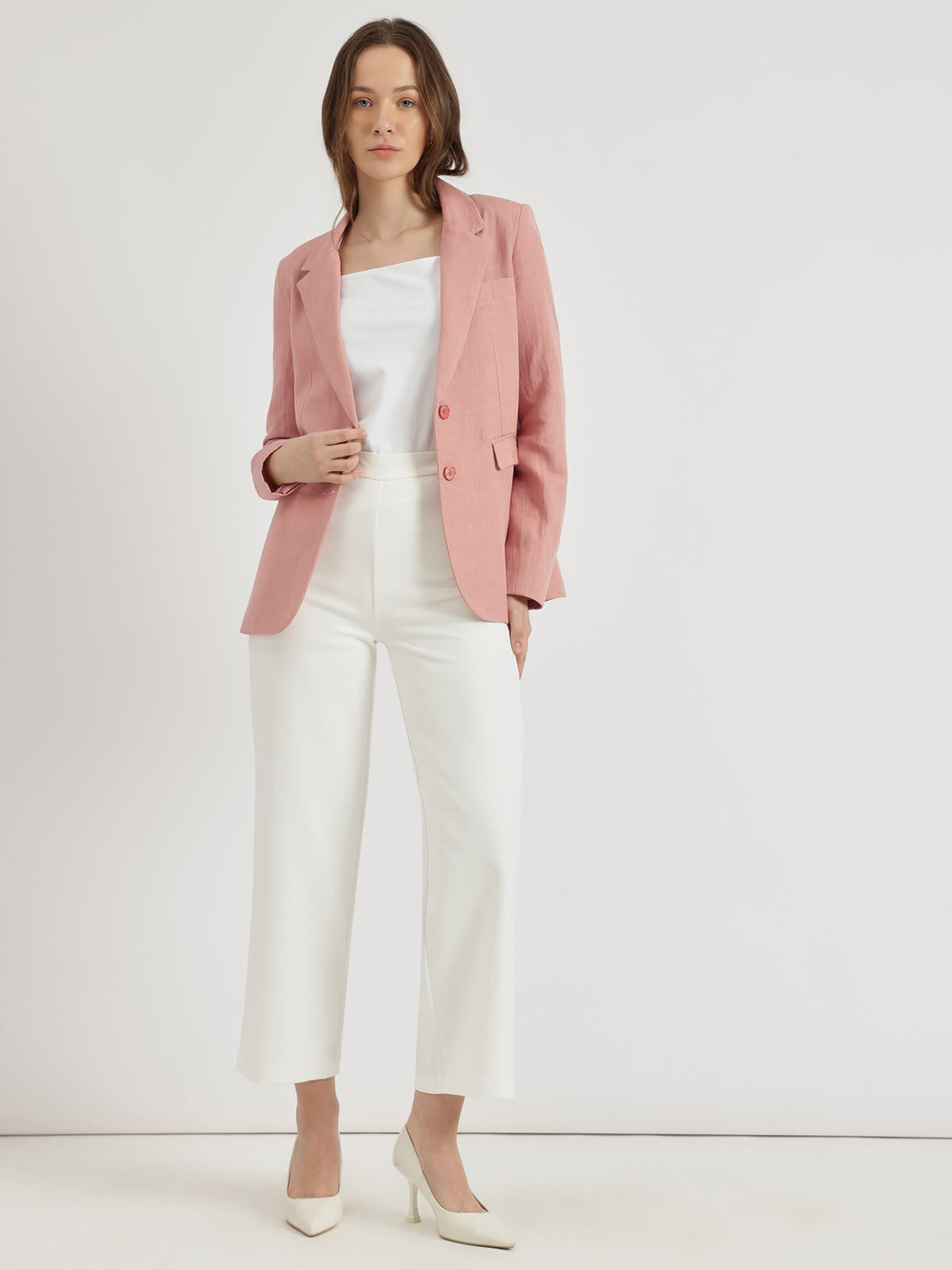 Linen Single Breasted Blazer - Pink