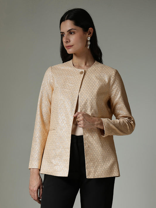 Brocade Round Neck Jacket - Beige