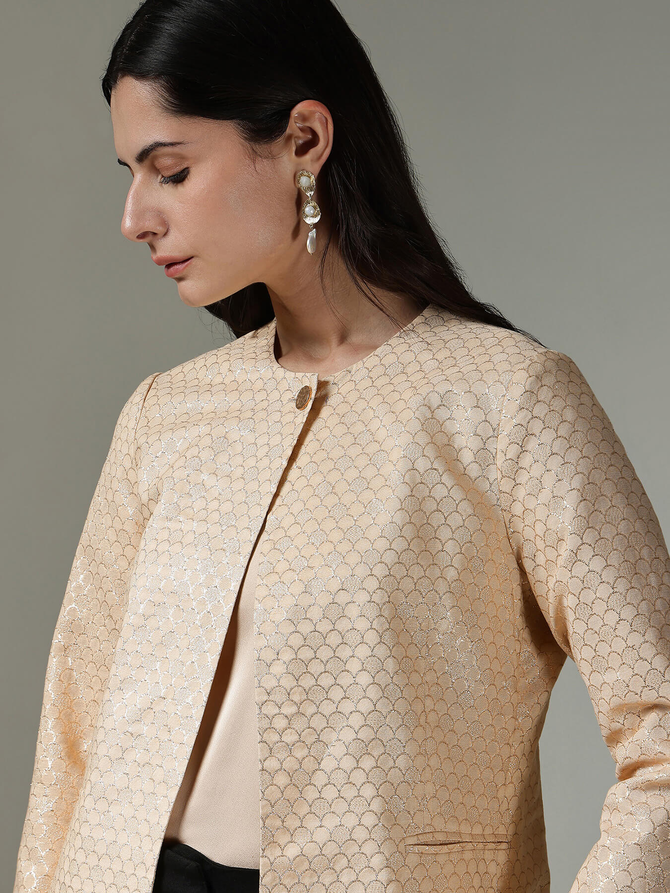 Brocade Round Neck Jacket - Beige