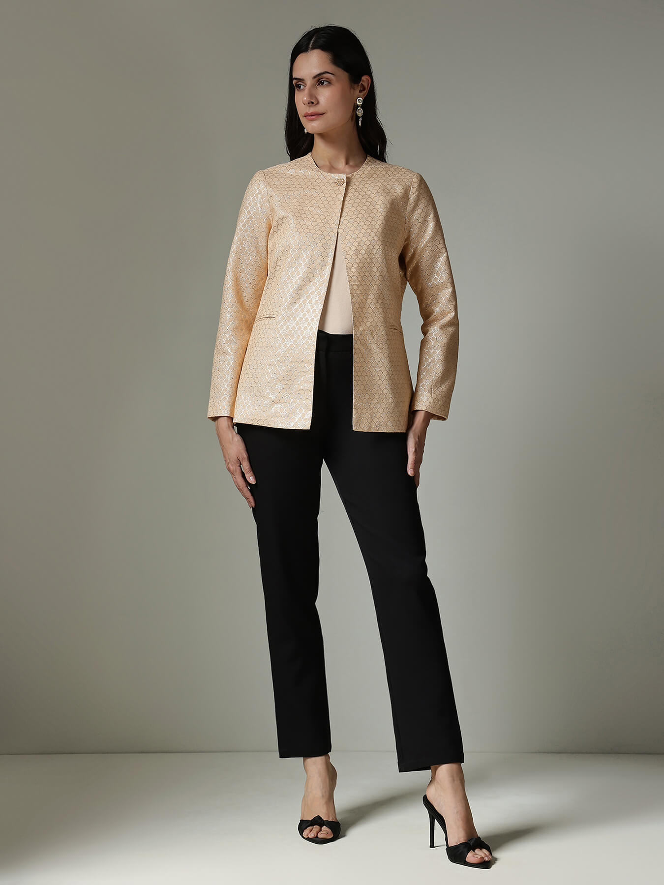 Brocade Round Neck Jacket - Beige