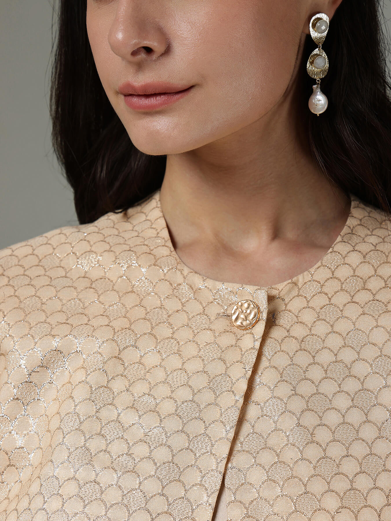 Brocade Round Neck Jacket - Beige