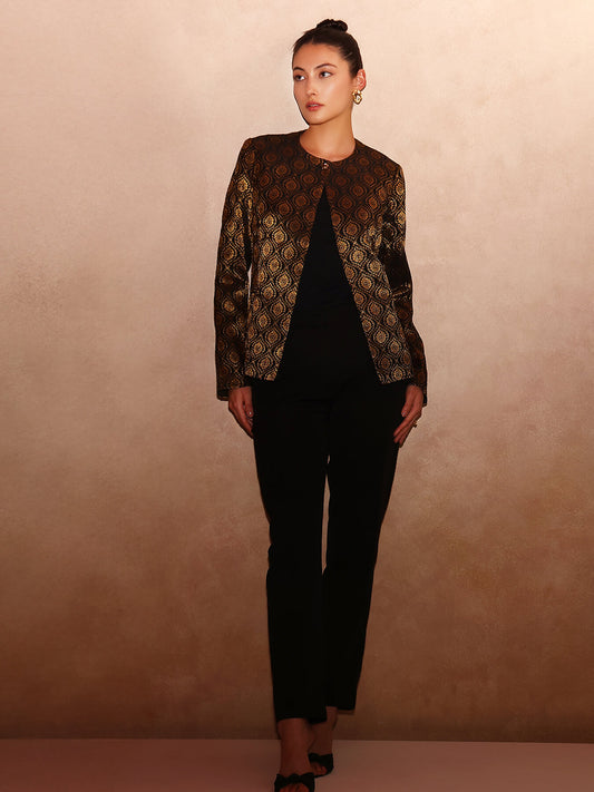 Brocade Round Neck Jacket - Black