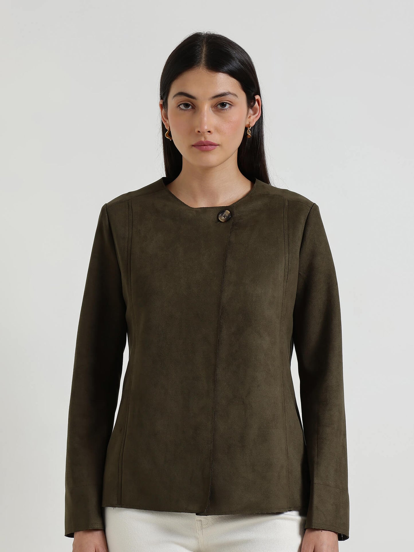 Suede Overlap Jacket - Olive