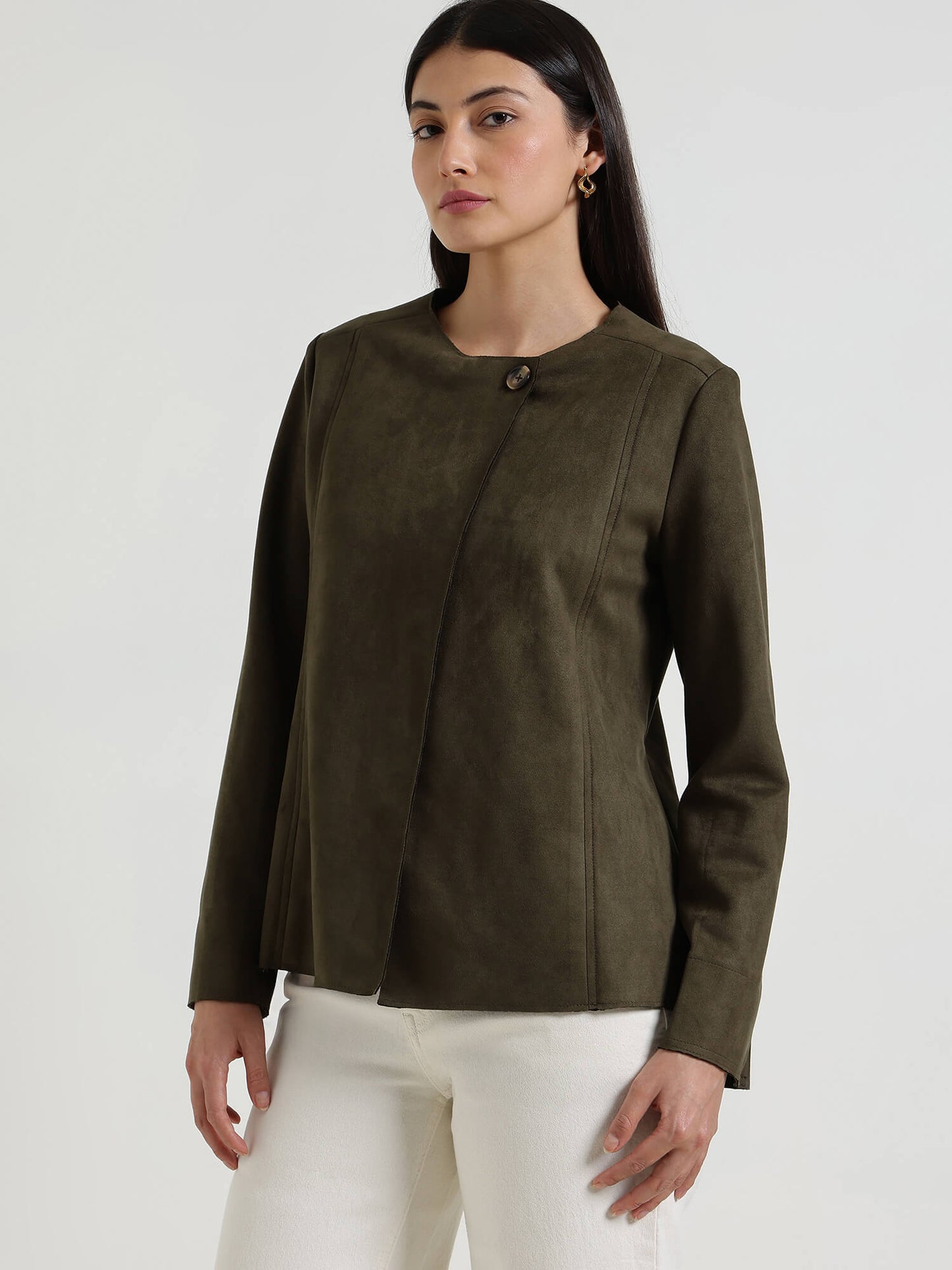 Suede Overlap Jacket - Olive