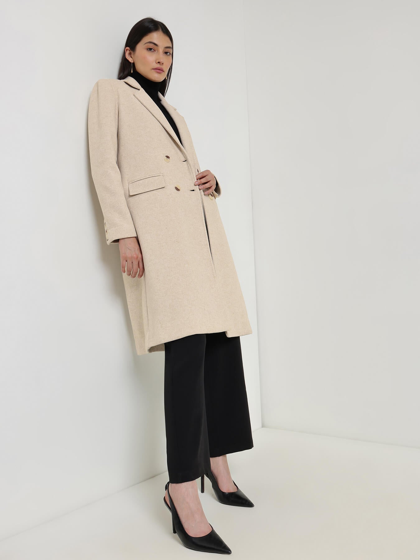 Double Breasted Long Overcoat - Beige