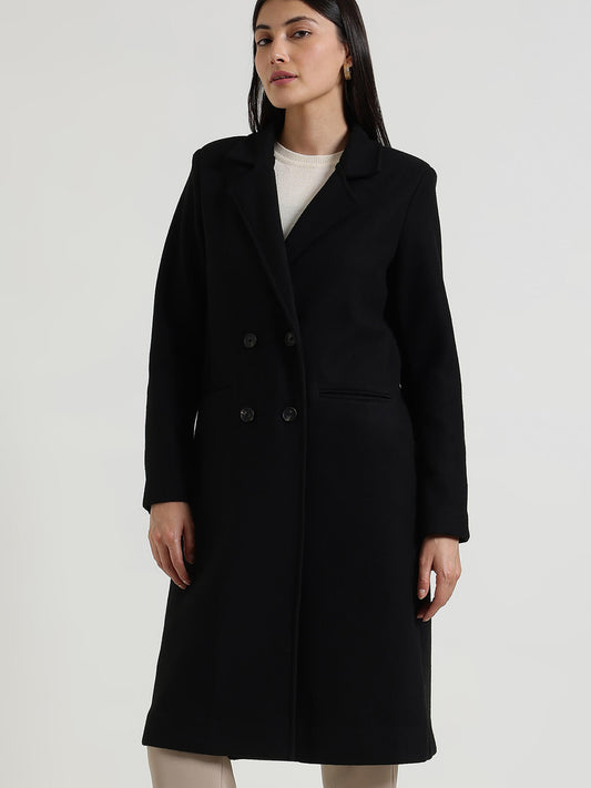 Double Breasted Long Overcoat - Black