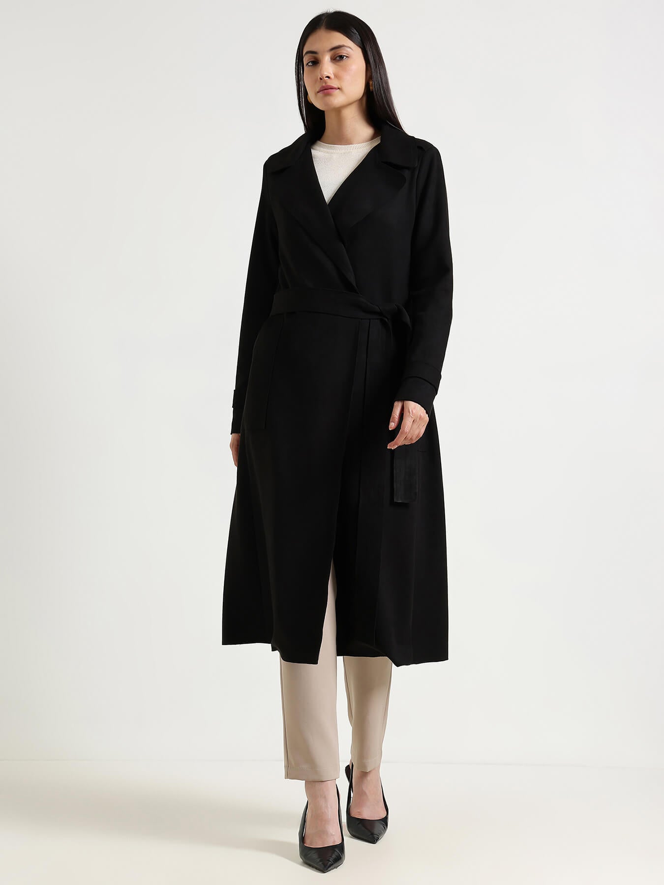 Double Breasted Long Overcoat - Black
