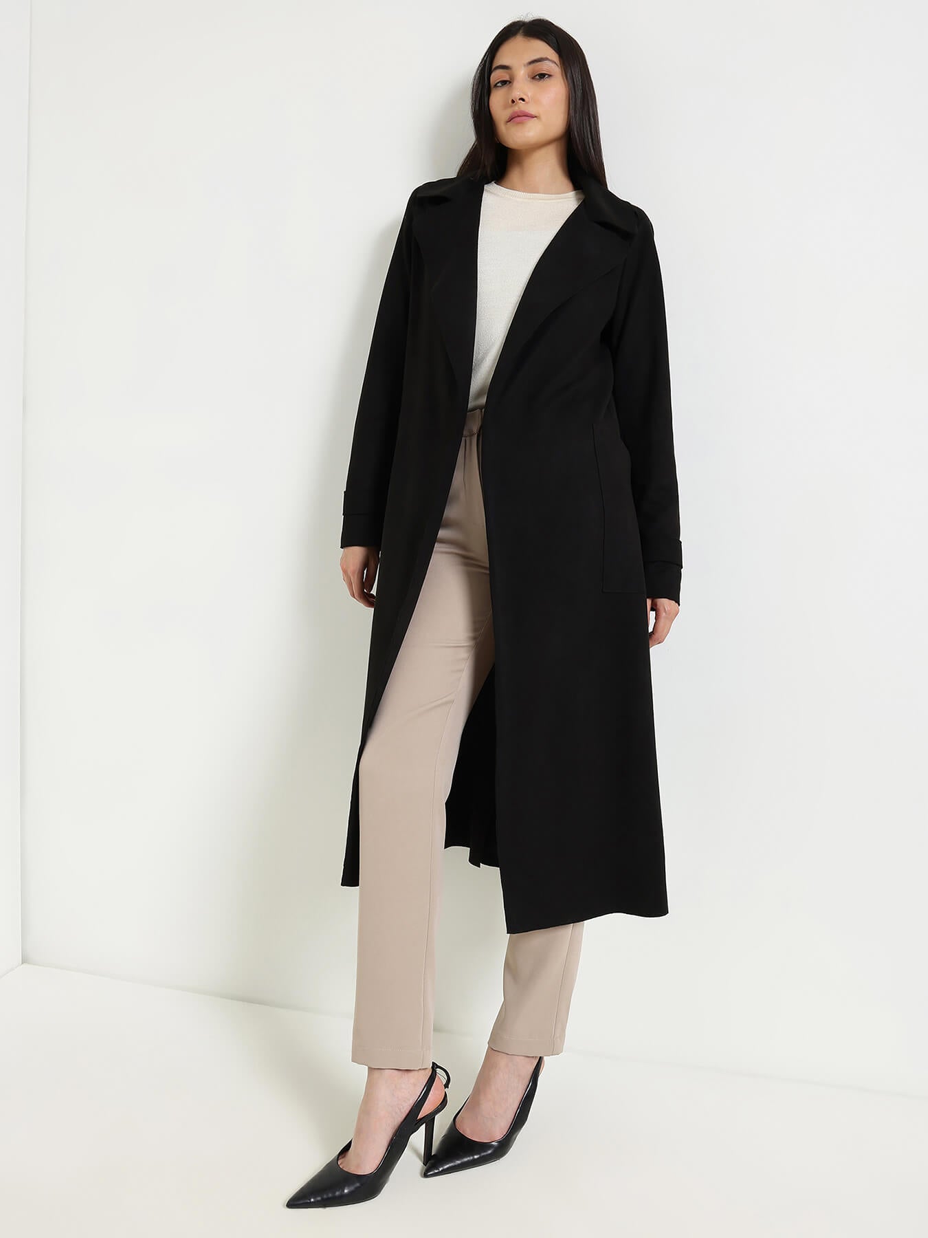 Suede Double Breasted Long Overcoat - Black