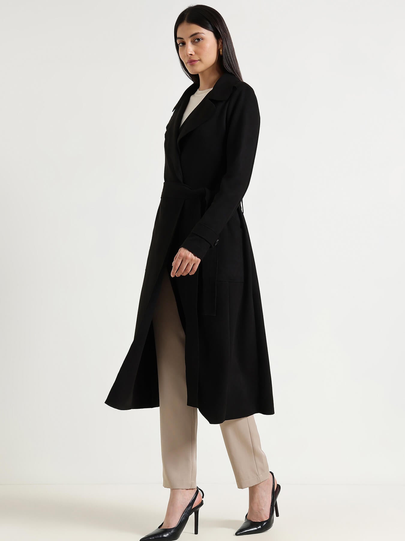 Suede Double Breasted Long Overcoat - Black