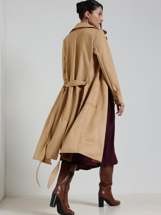 Suede Double Breasted Long Overcoat - Beige
