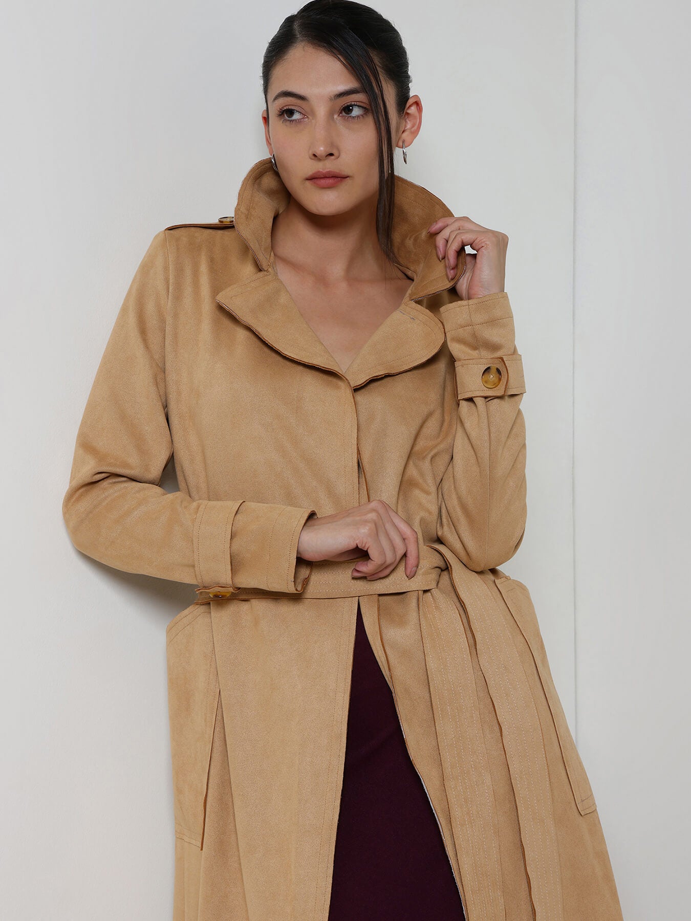 Suede Double Breasted Long Overcoat - Beige
