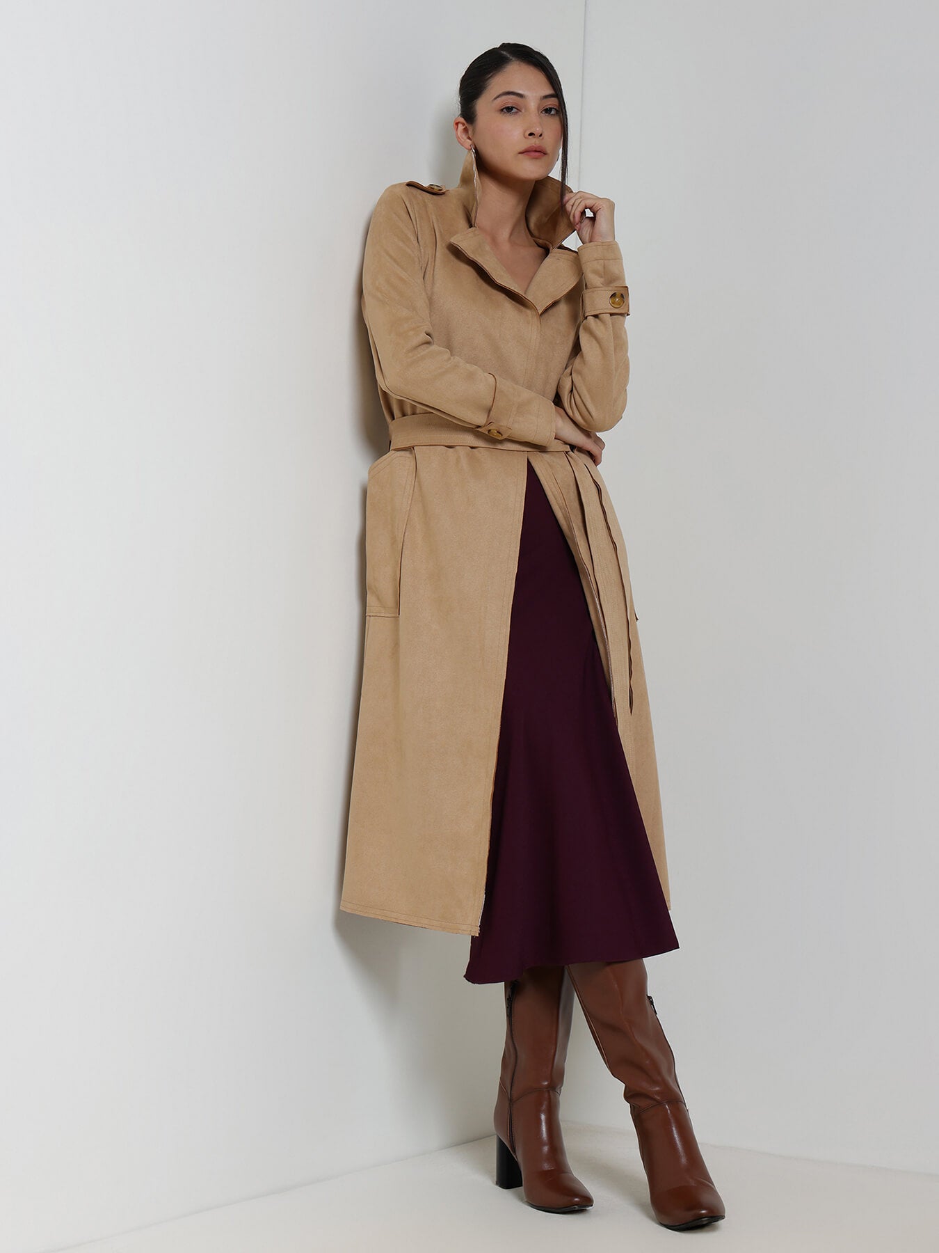 Suede Double Breasted Long Overcoat - Beige