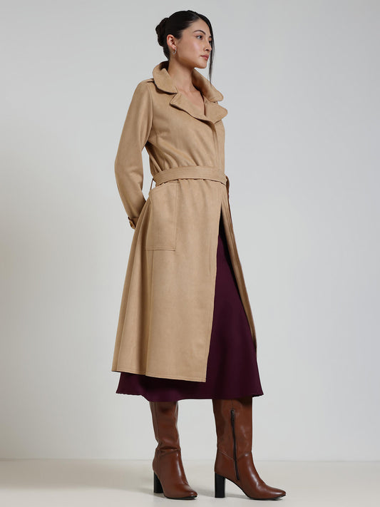 Suede Double Breasted Long Overcoat - Beige