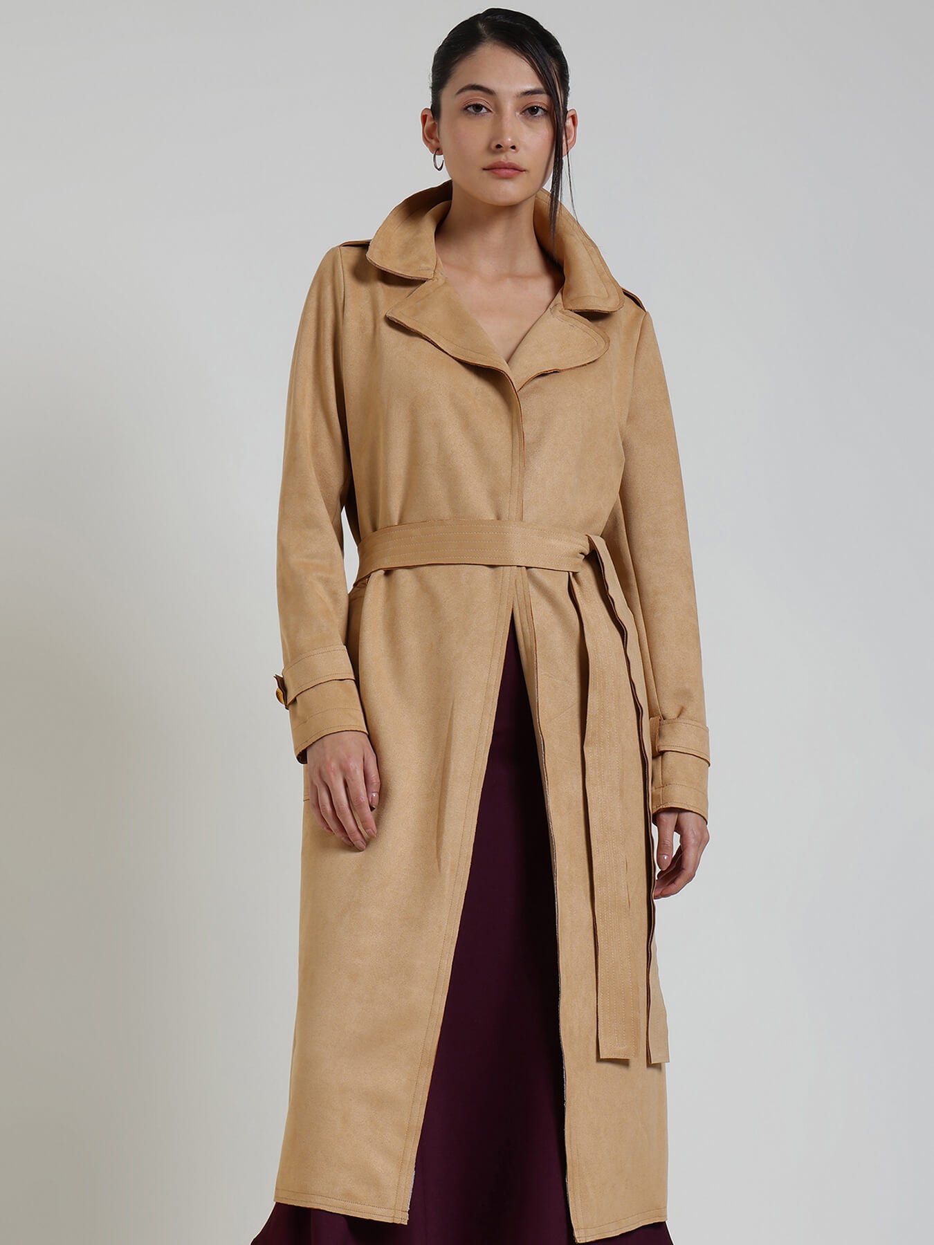 Suede Double Breasted Long Overcoat - Beige