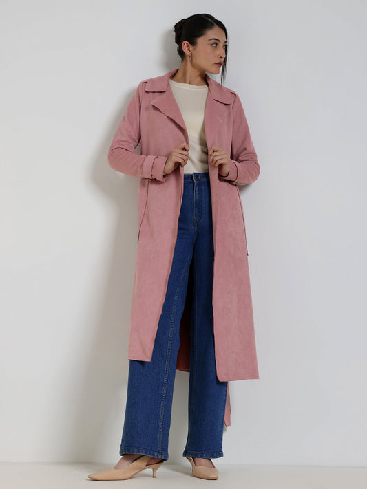 Suede Double Breasted Long Overcoat - Lilac