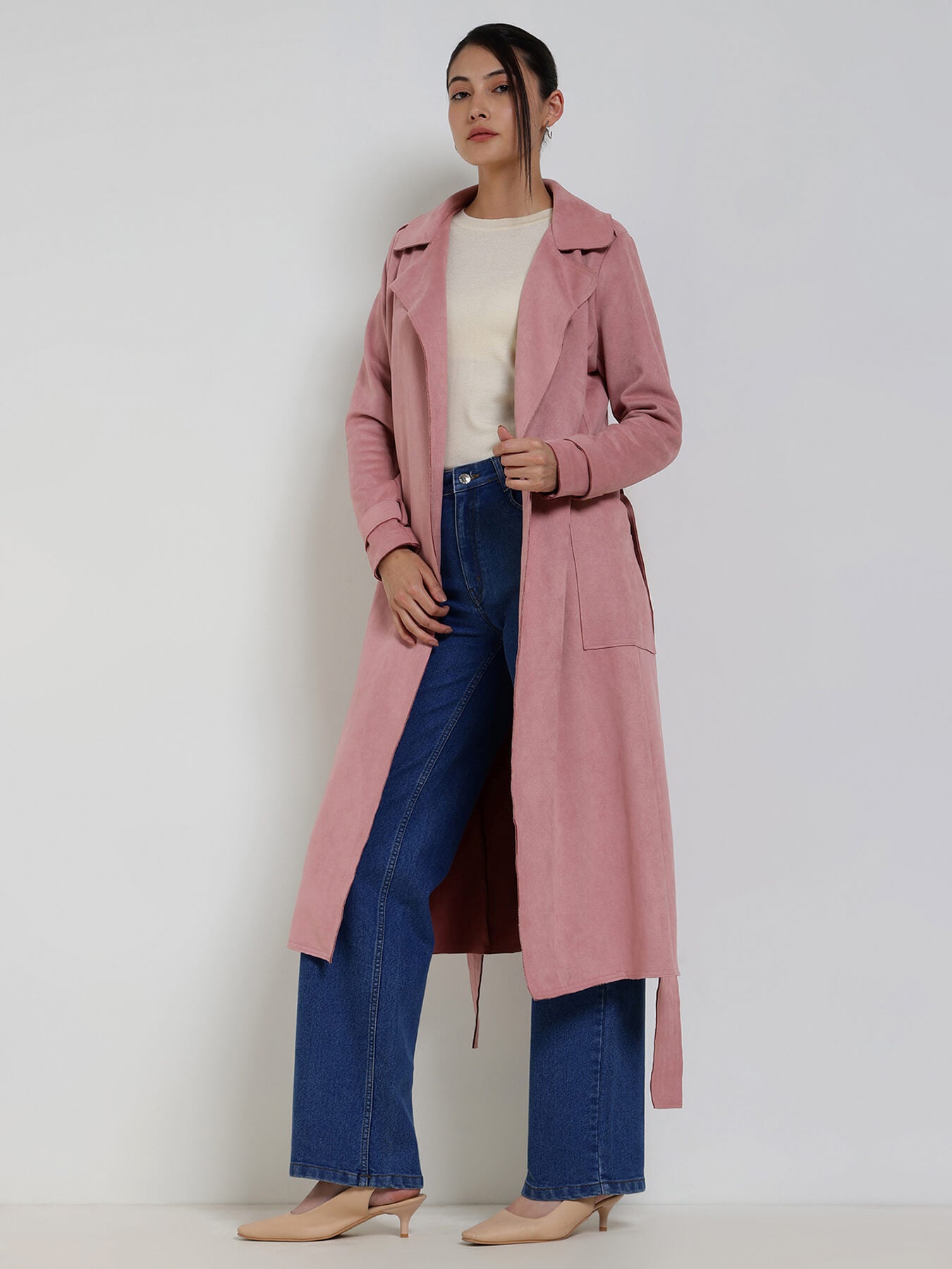 Suede Double Breasted Long Overcoat - Lilac