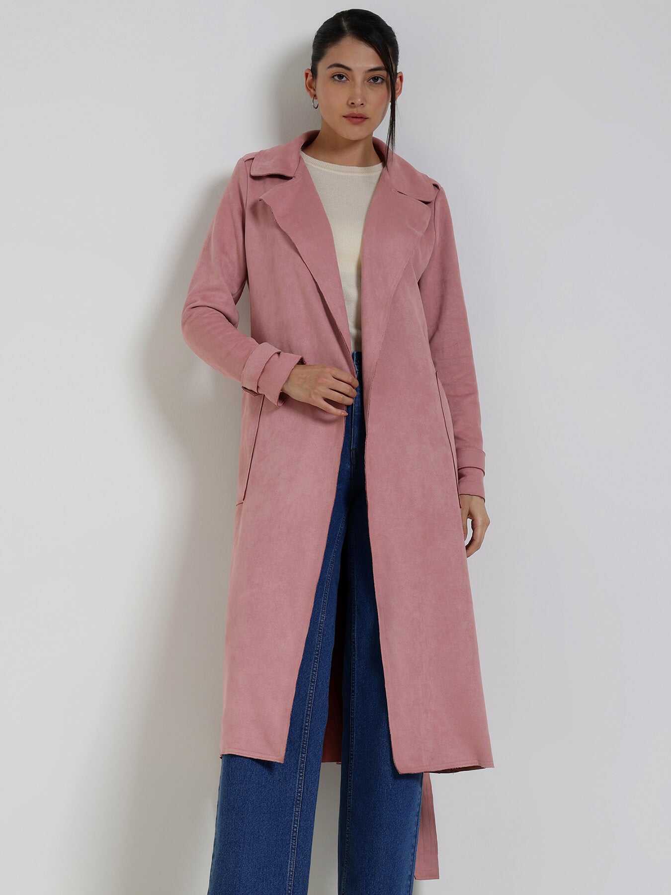 Suede Double Breasted Long Overcoat - Lilac
