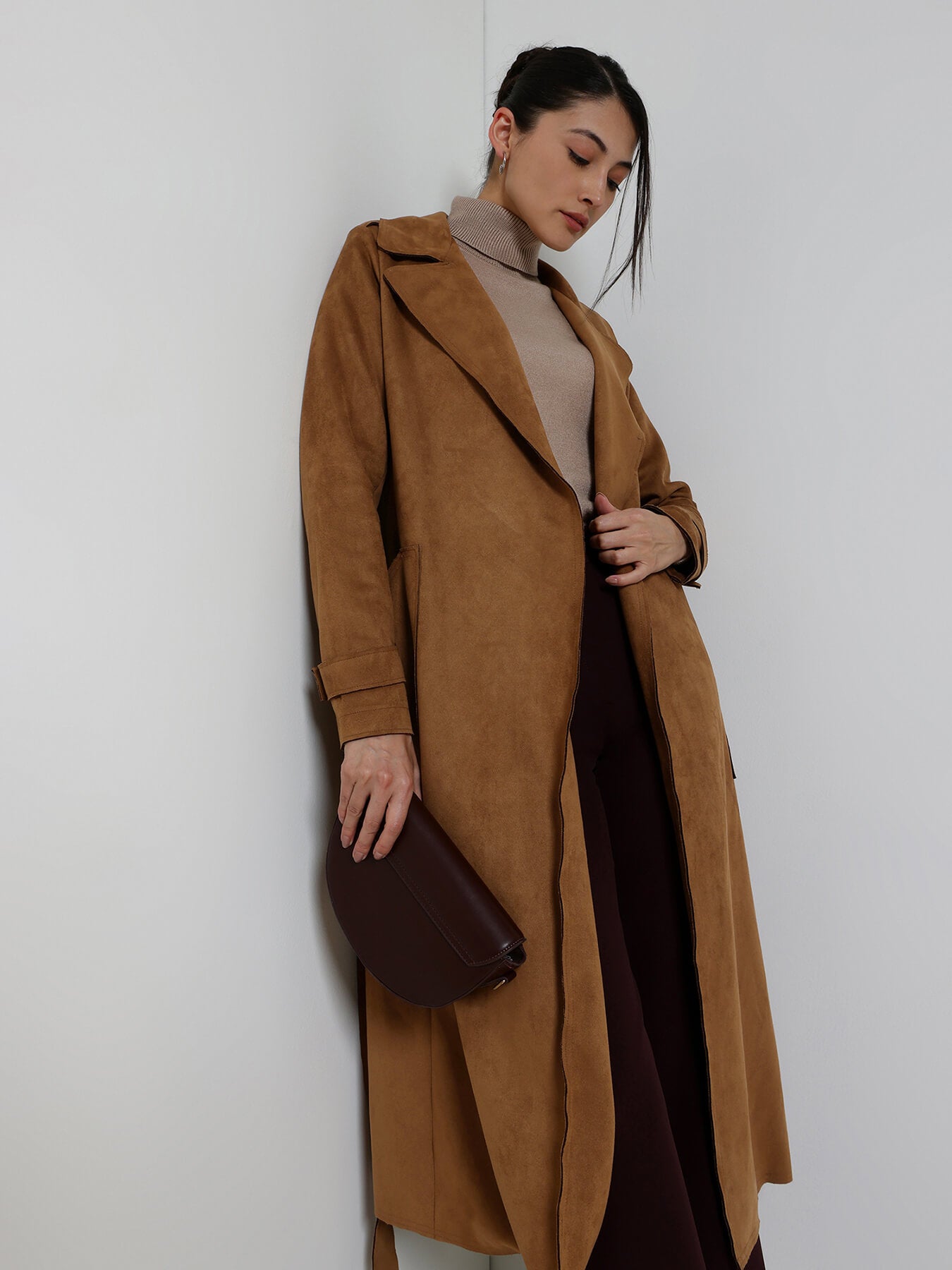Suede Double Breasted Long Overcoat - Tan