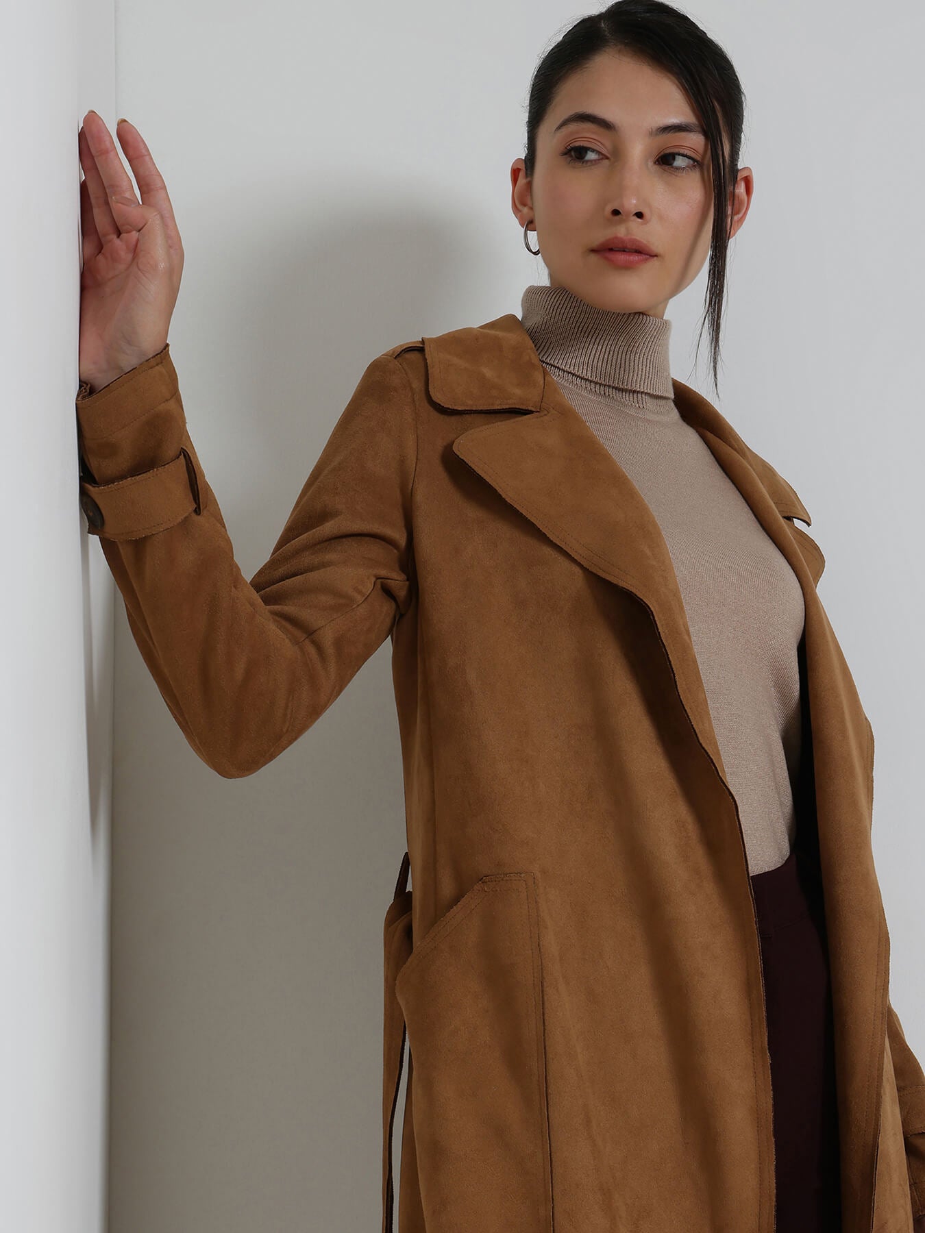 Suede Double Breasted Long Overcoat - Tan