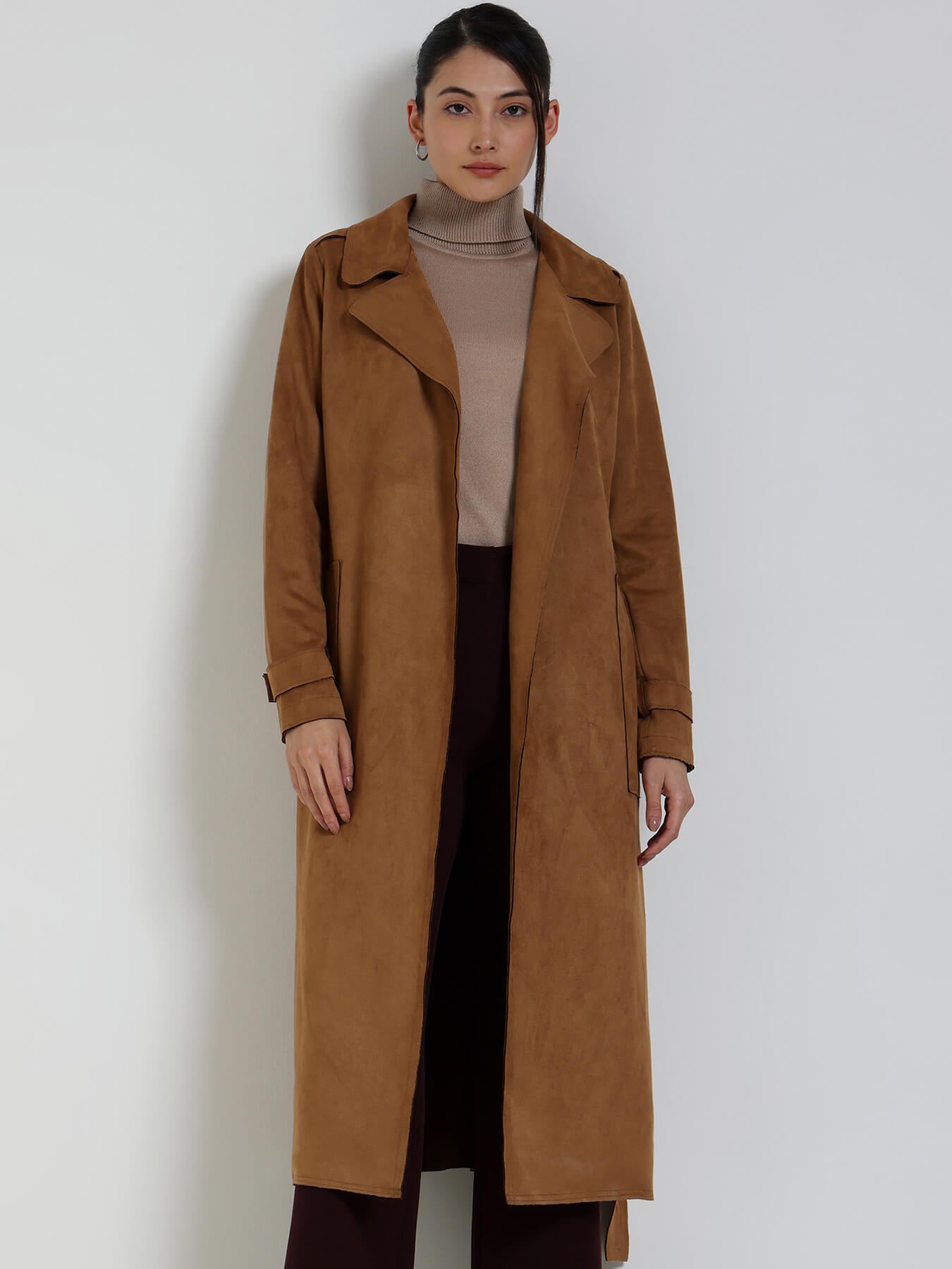 Suede Double Breasted Long Overcoat - Tan