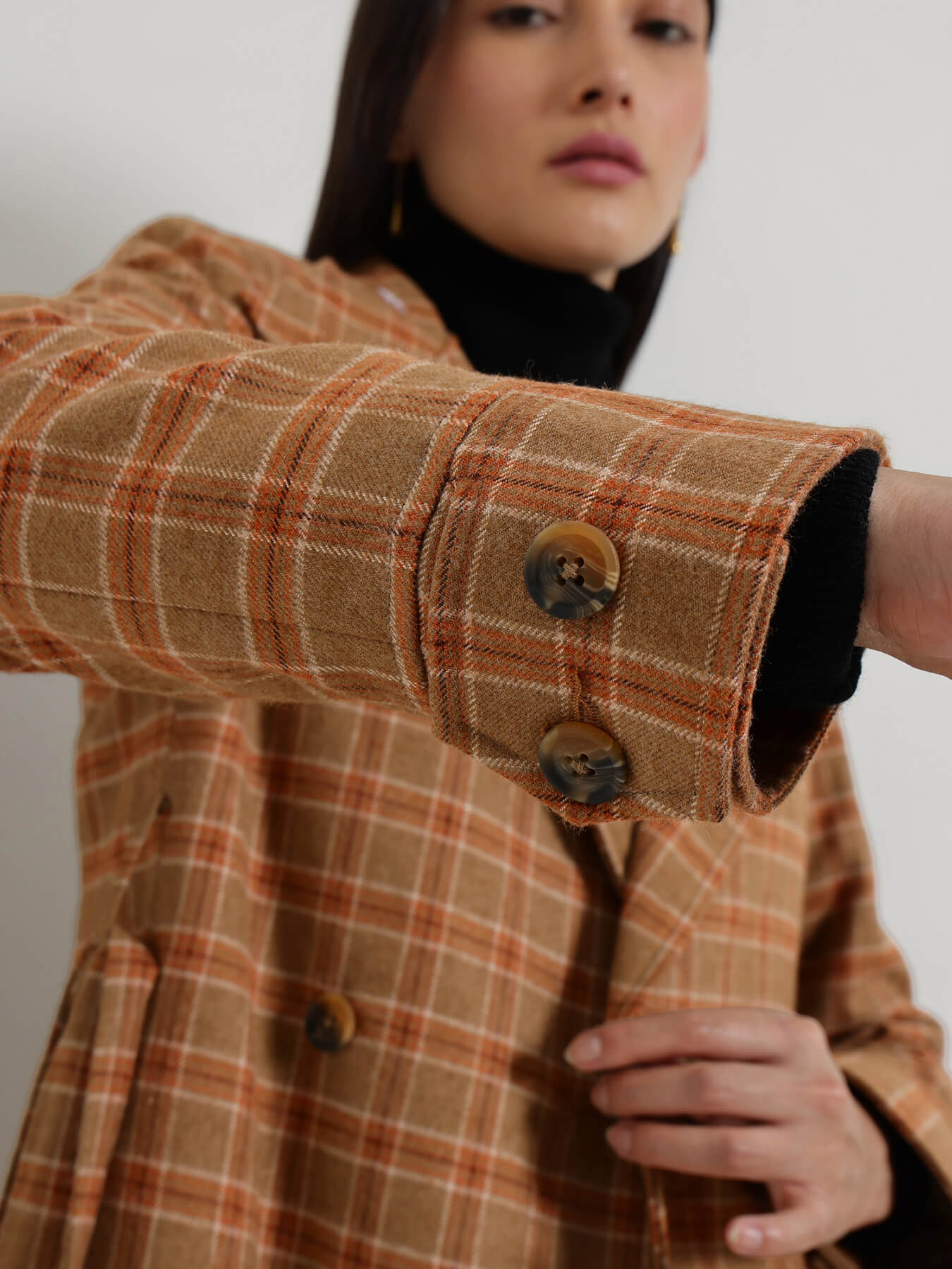 Double Breasted Tweed Long Overcoat - Brown