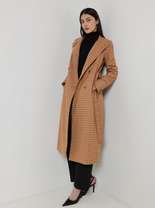 Double Breasted Tweed Long Overcoat - Brown