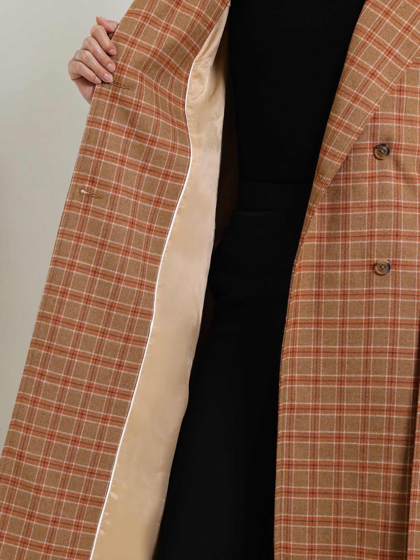 Double Breasted Tweed Long Overcoat - Brown