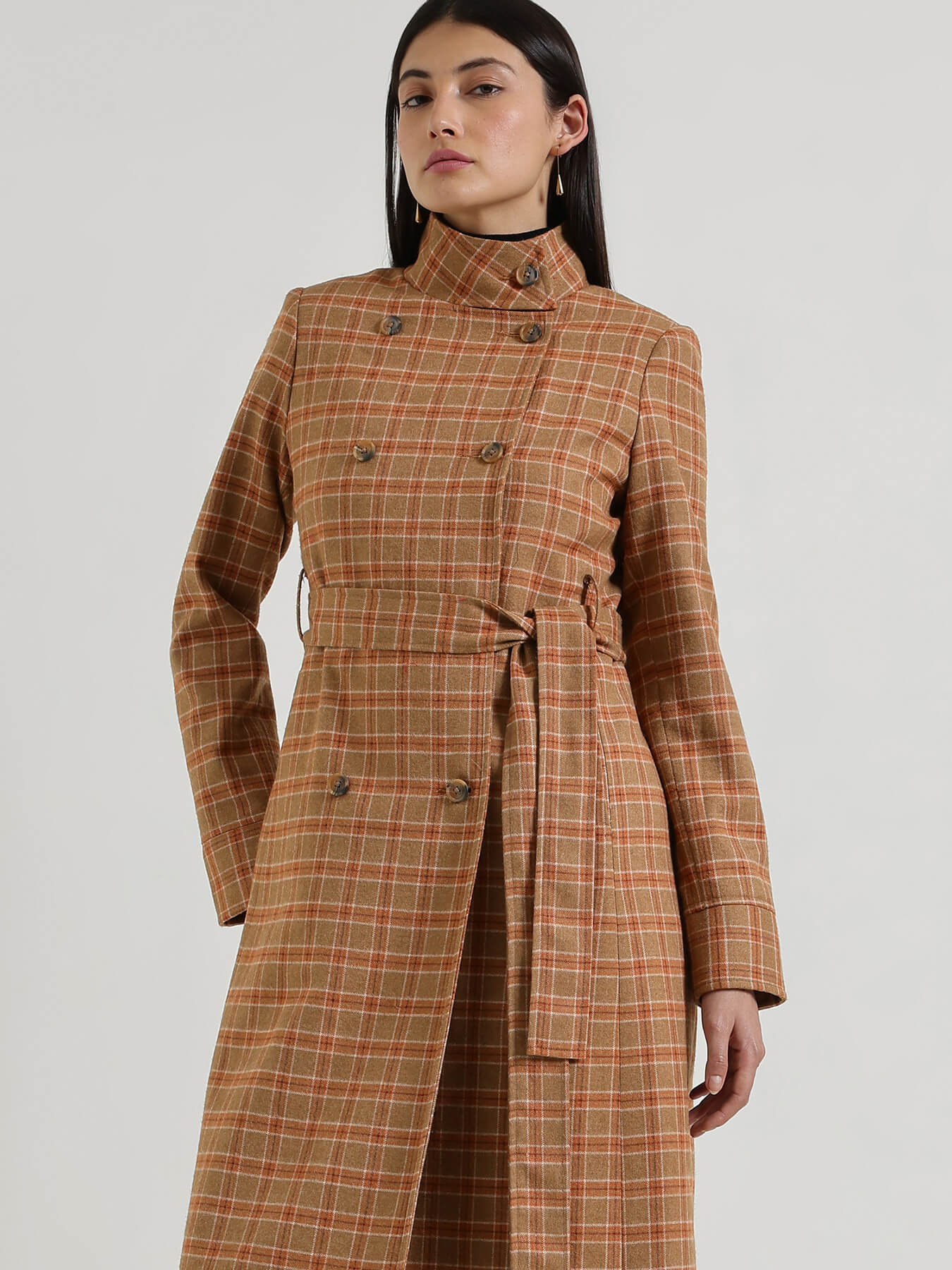 Double Breasted Tweed Long Overcoat - Brown