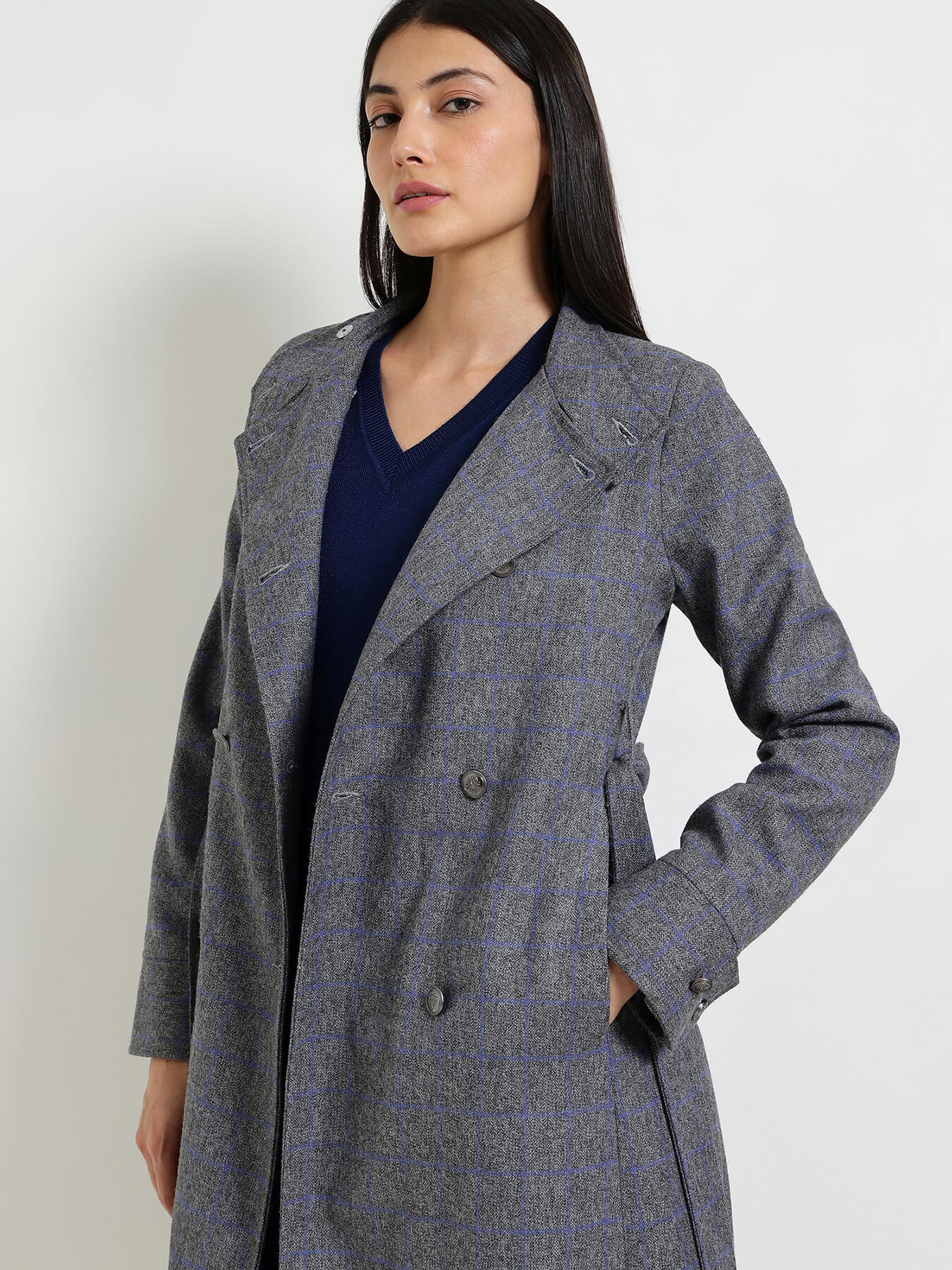 Double Breasted Tweed Long Overcoat - Grey