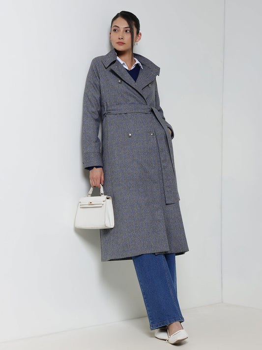 Double Breasted Tweed Long Overcoat - Grey