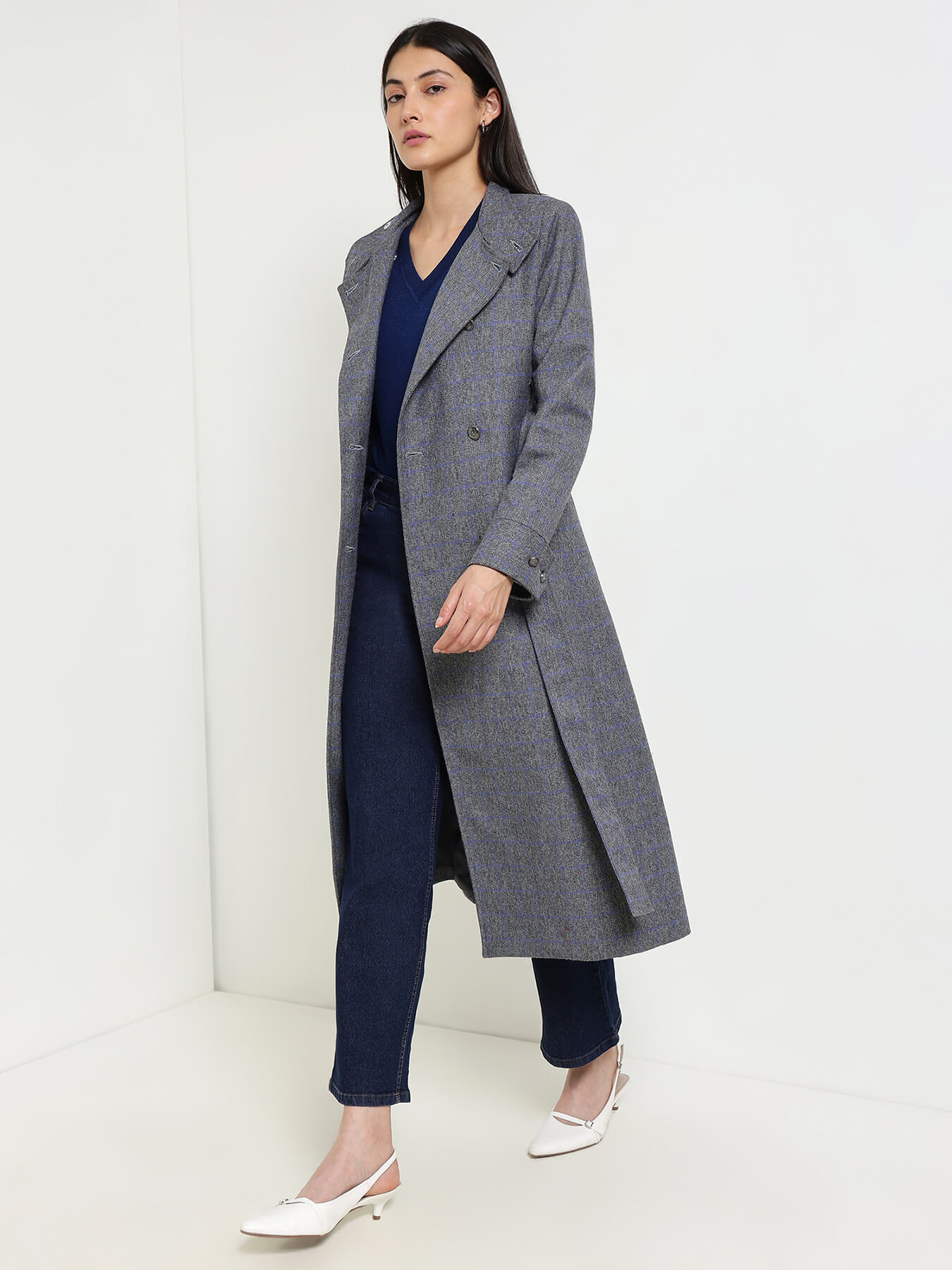Double Breasted Tweed Long Overcoat - Grey