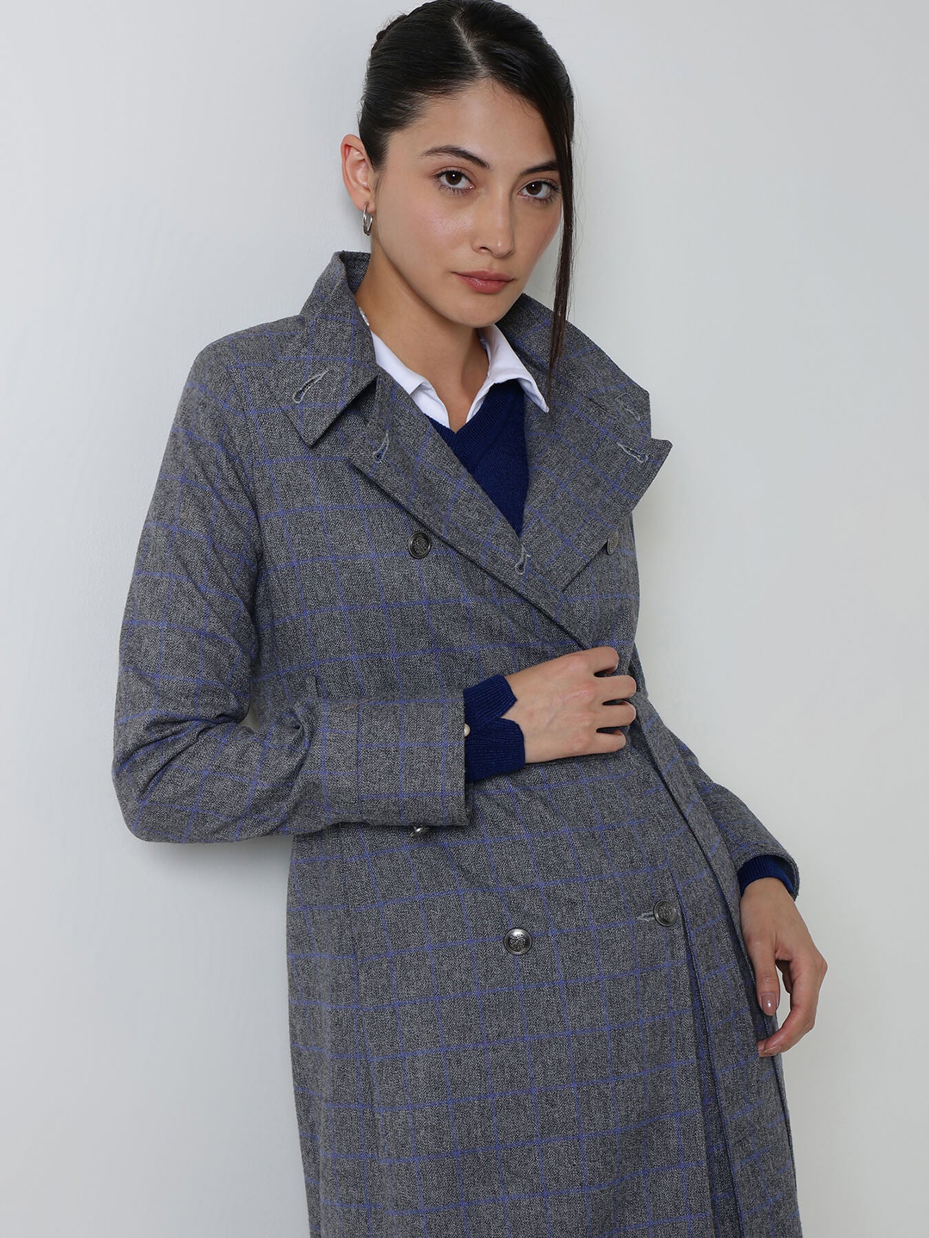 Double Breasted Tweed Long Overcoat - Grey