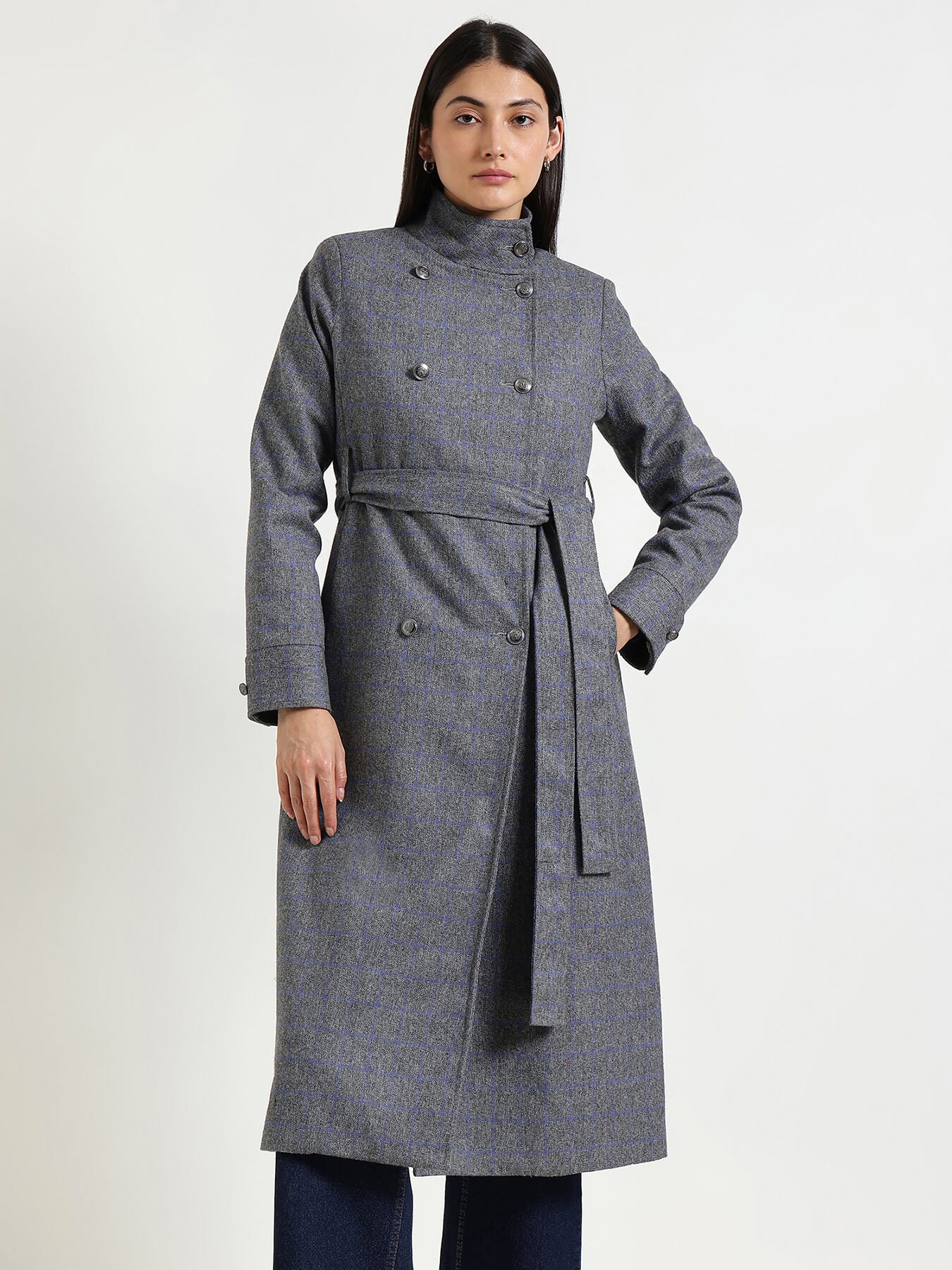 Double Breasted Tweed Long Overcoat - Grey