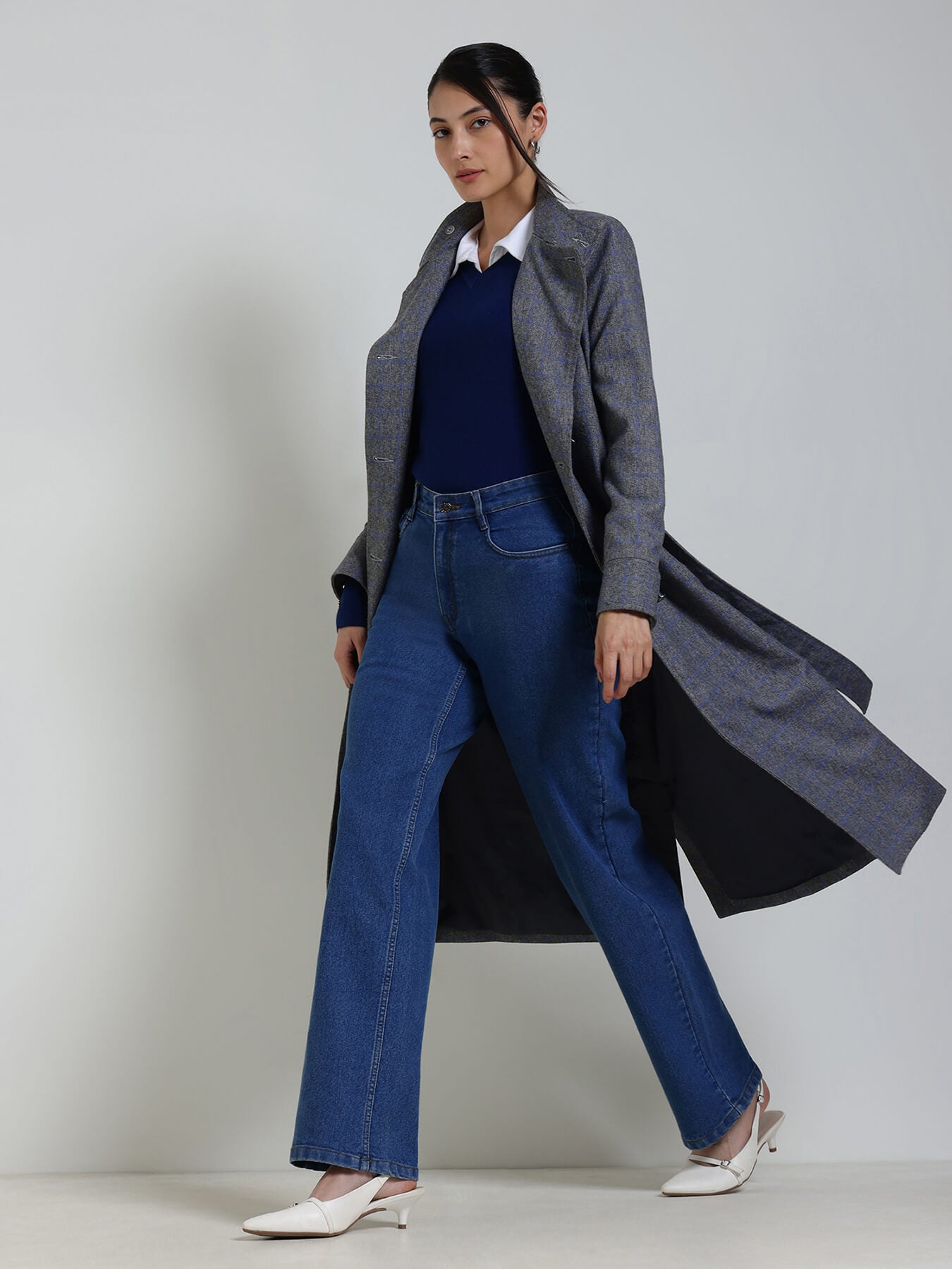 Double Breasted Tweed Long Overcoat - Grey