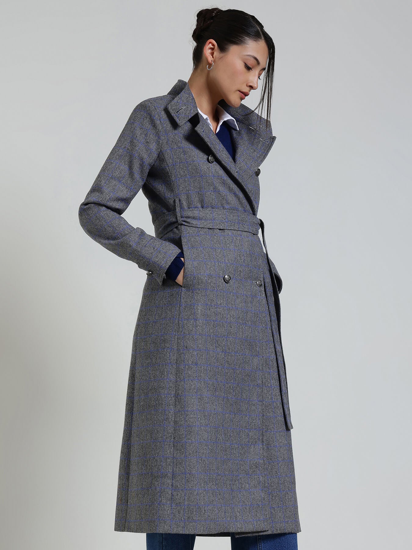 Double Breasted Tweed Long Overcoat - Grey