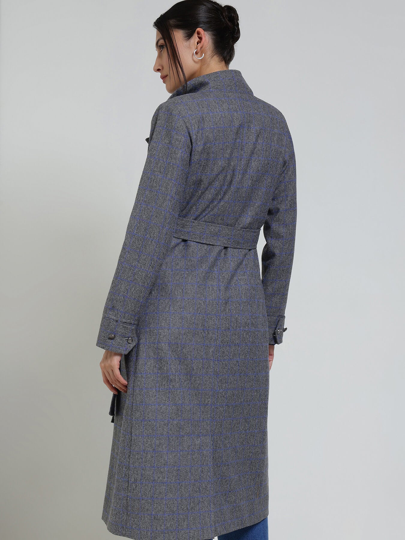 Double Breasted Tweed Long Overcoat - Grey