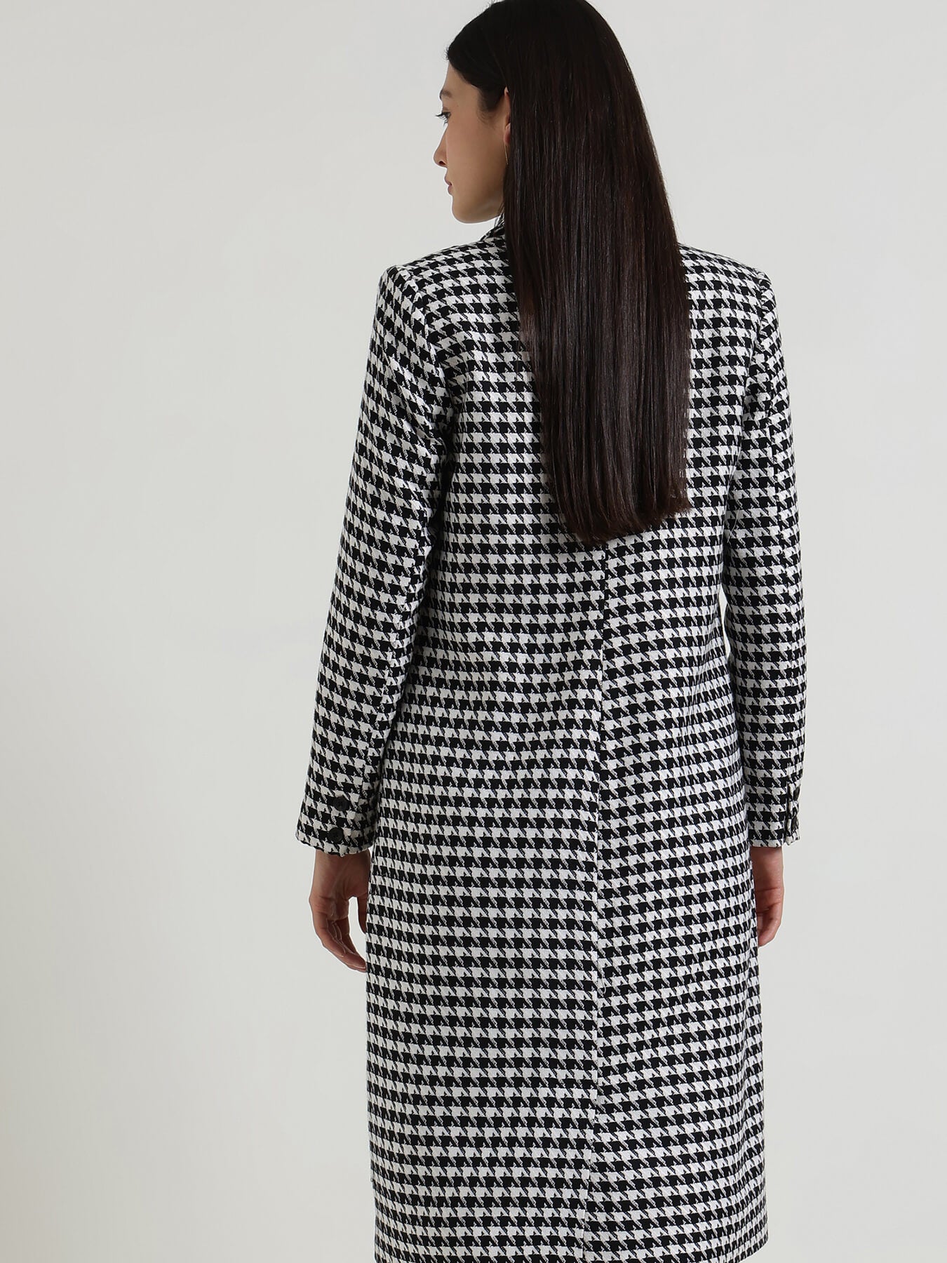 Single Breasted Tweed Long Overcoat - Black