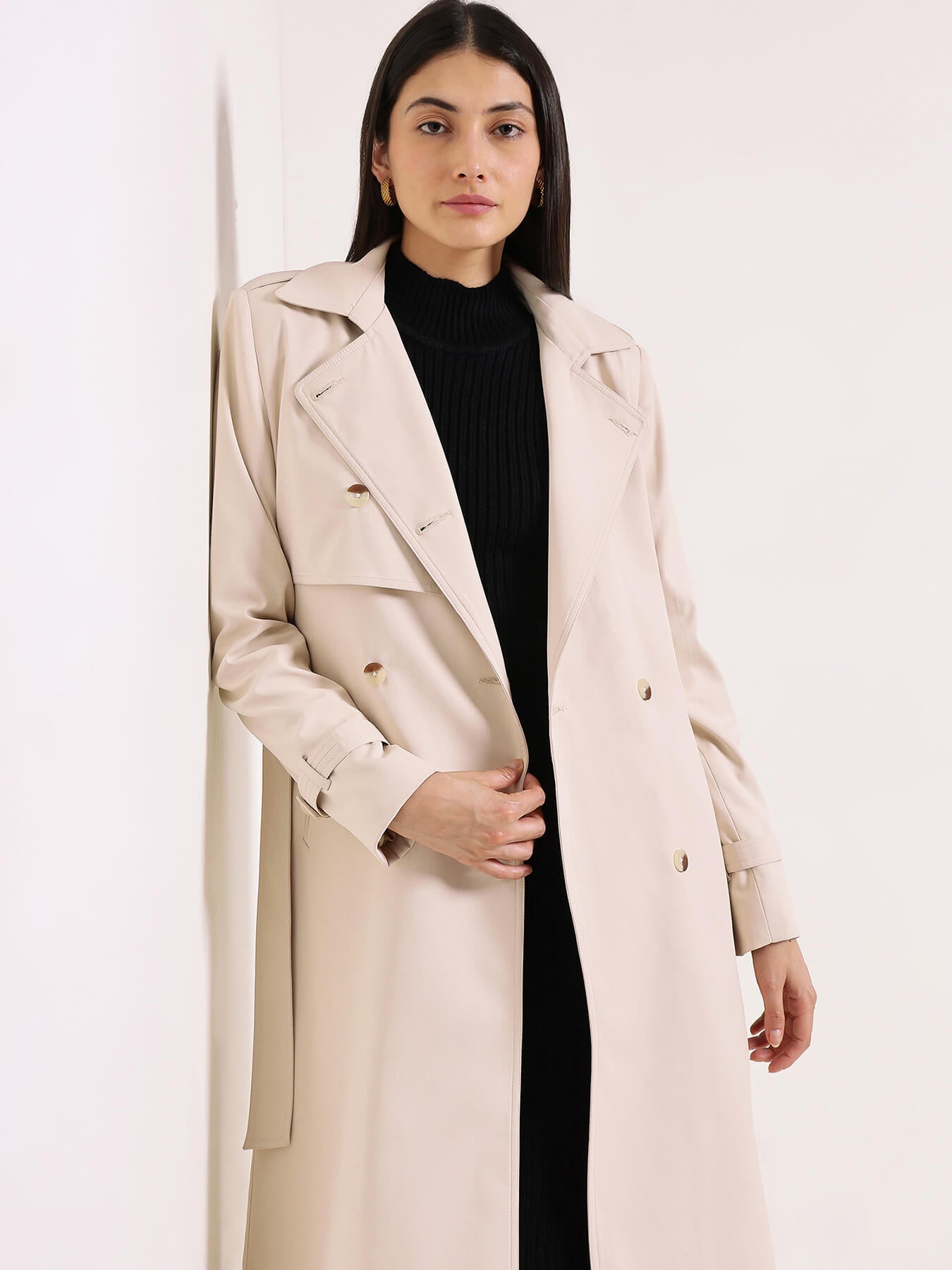 Double-Breasted Long Trench Coat - Beige