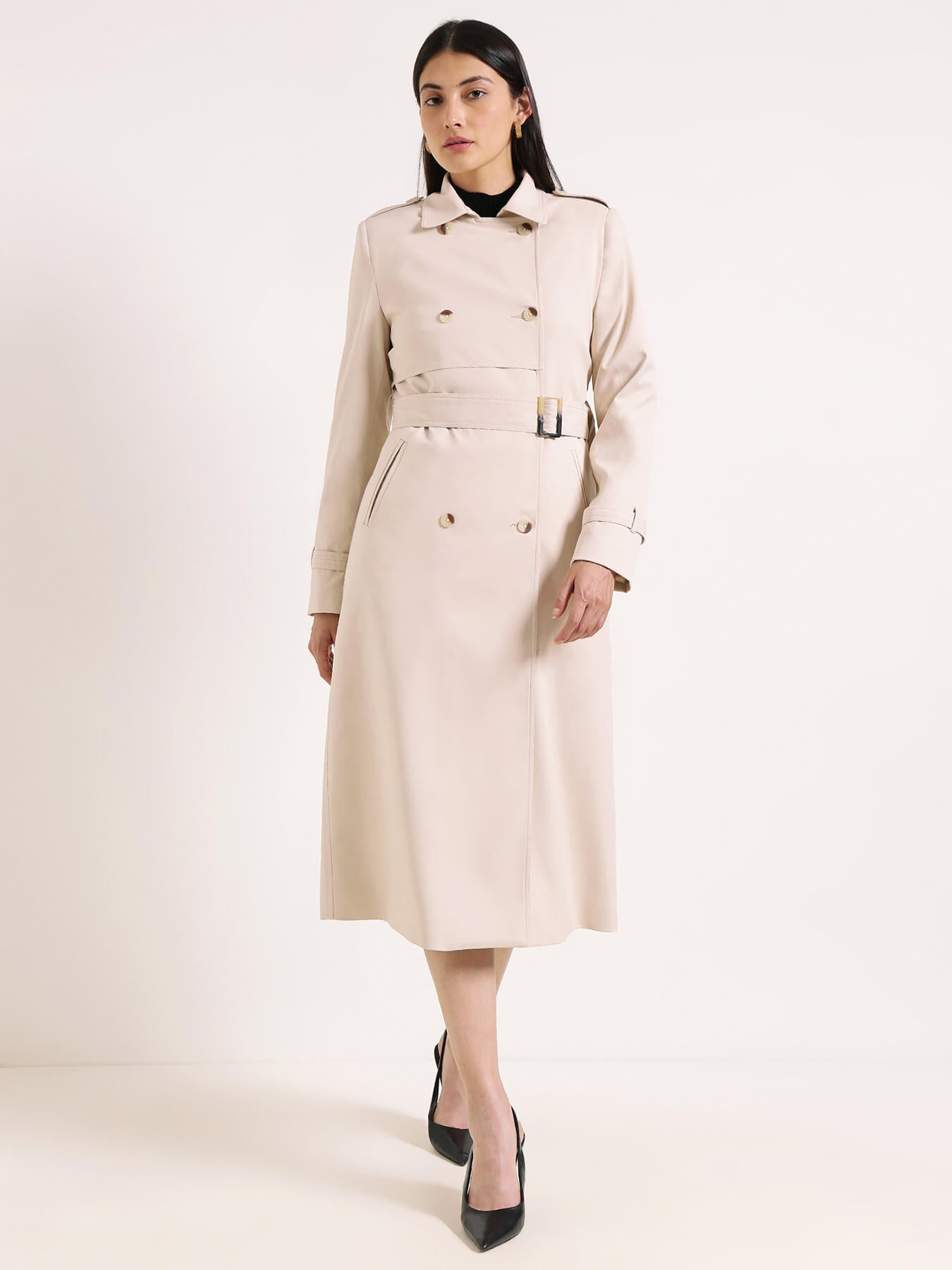 Double-Breasted Long Trench Coat - Beige