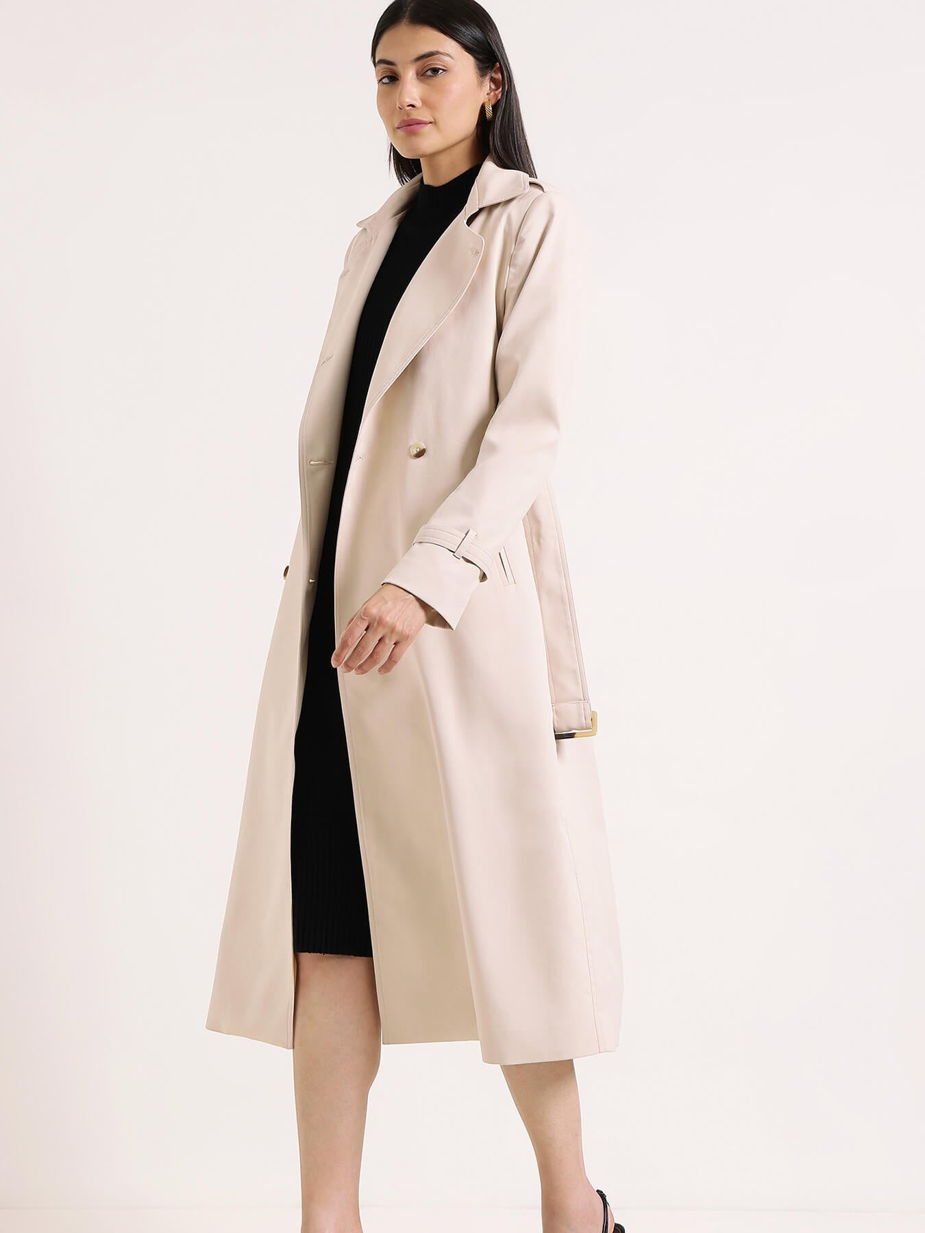 Double-Breasted Long Trench Coat - Beige