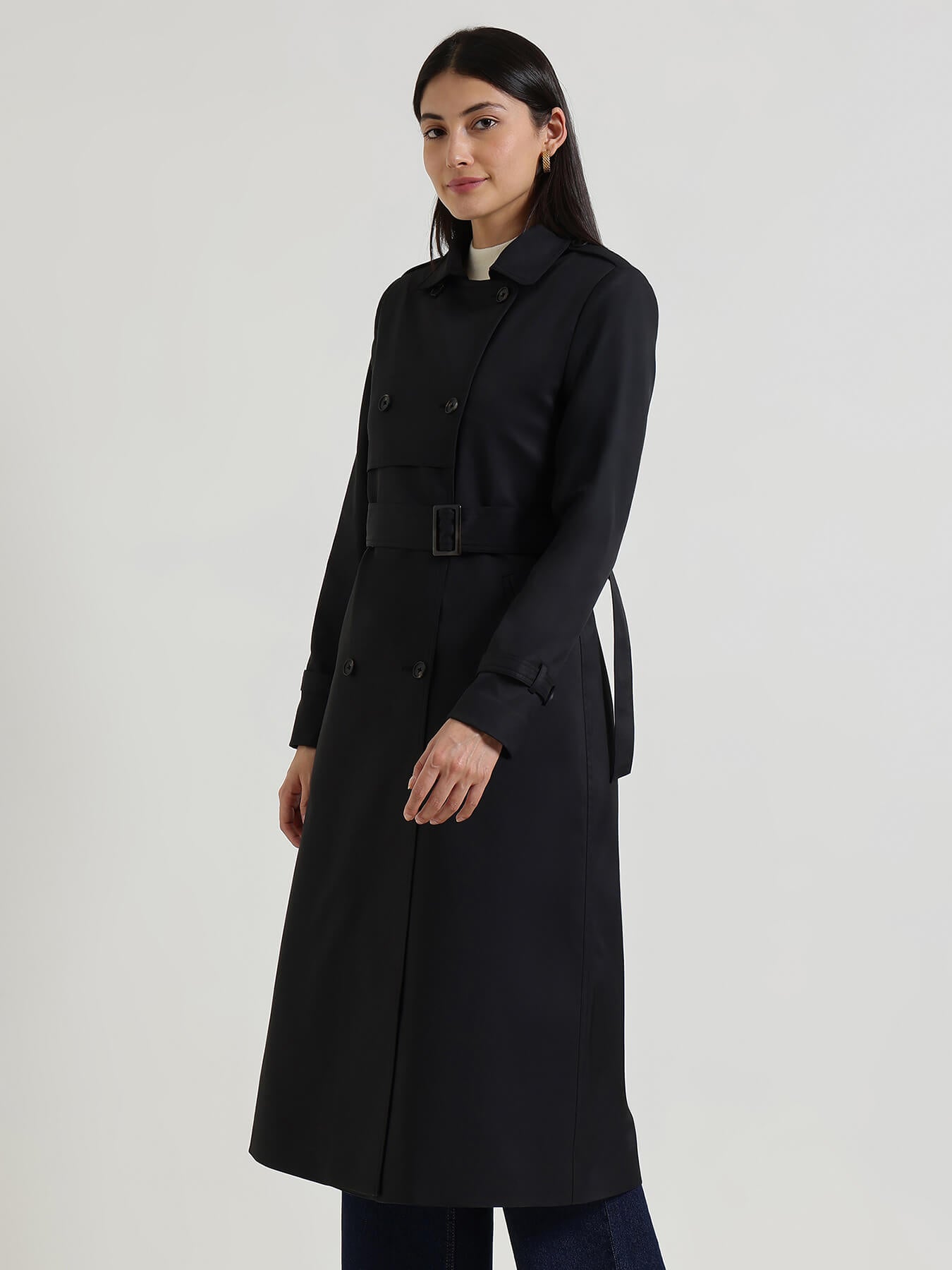 Double-Breasted Long Trench Coat - Black