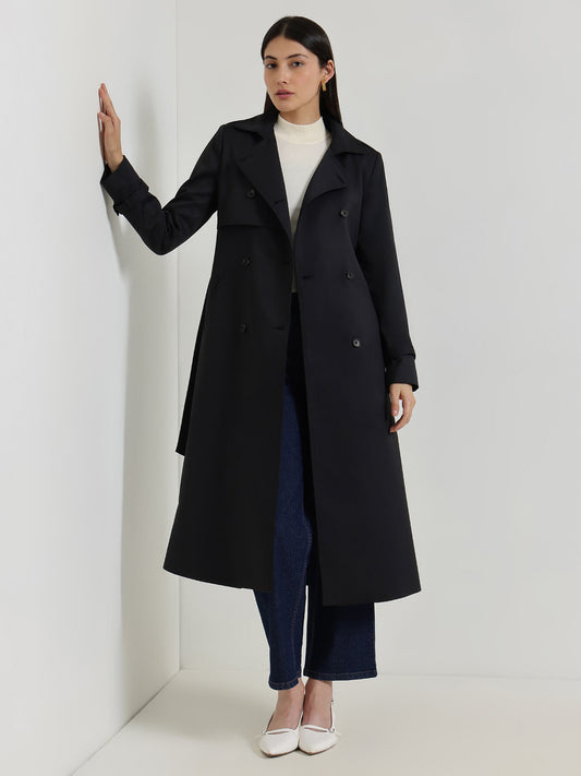 Double-Breasted Long Trench Coat - Black