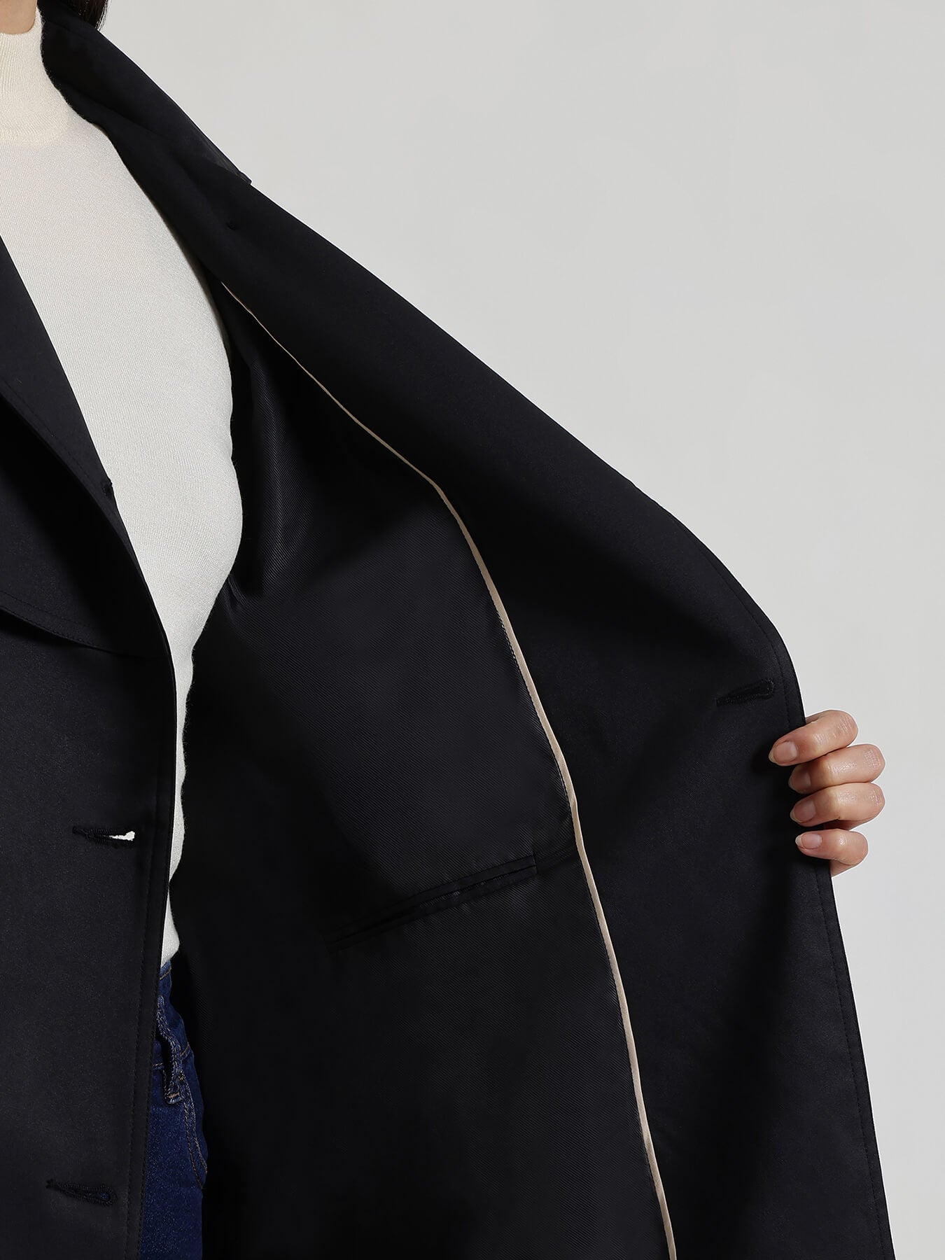 Double-Breasted Long Trench Coat - Black