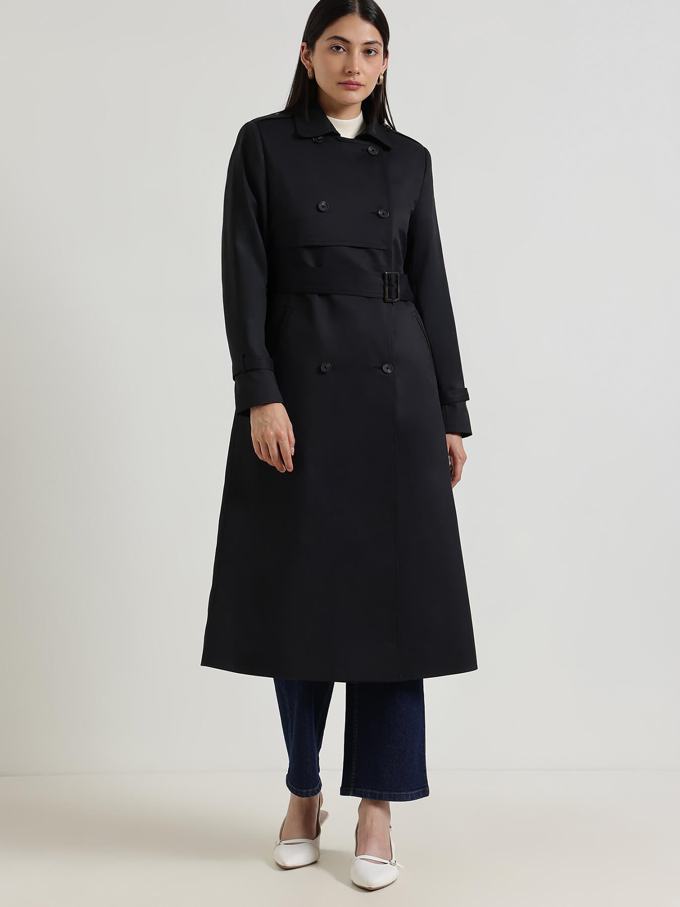 Double-Breasted Long Trench Coat - Black