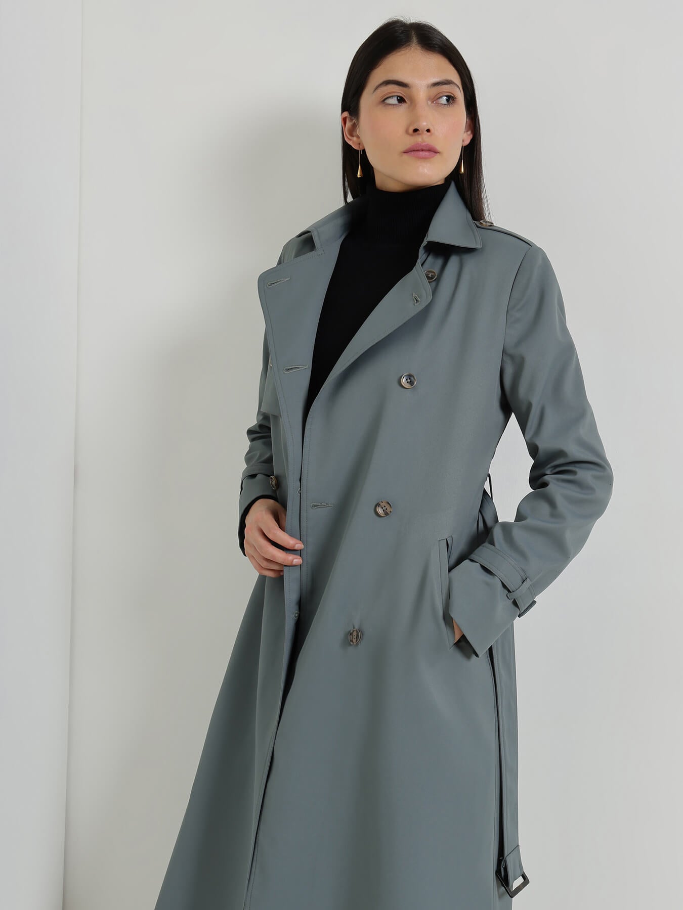 Double-Breasted Long Trench Coat - Grey