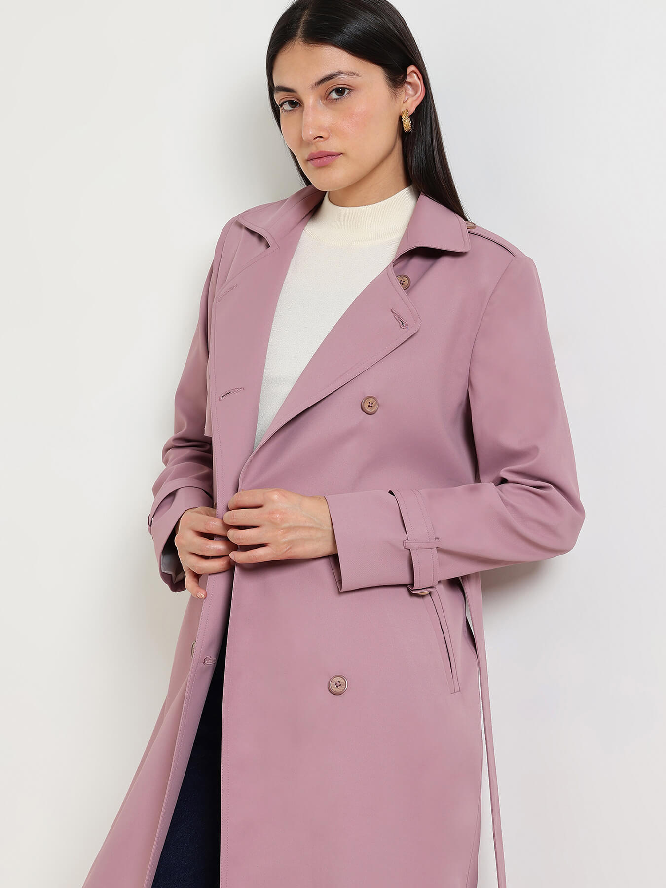 Double-Breasted Long Trench Coat - Lilac