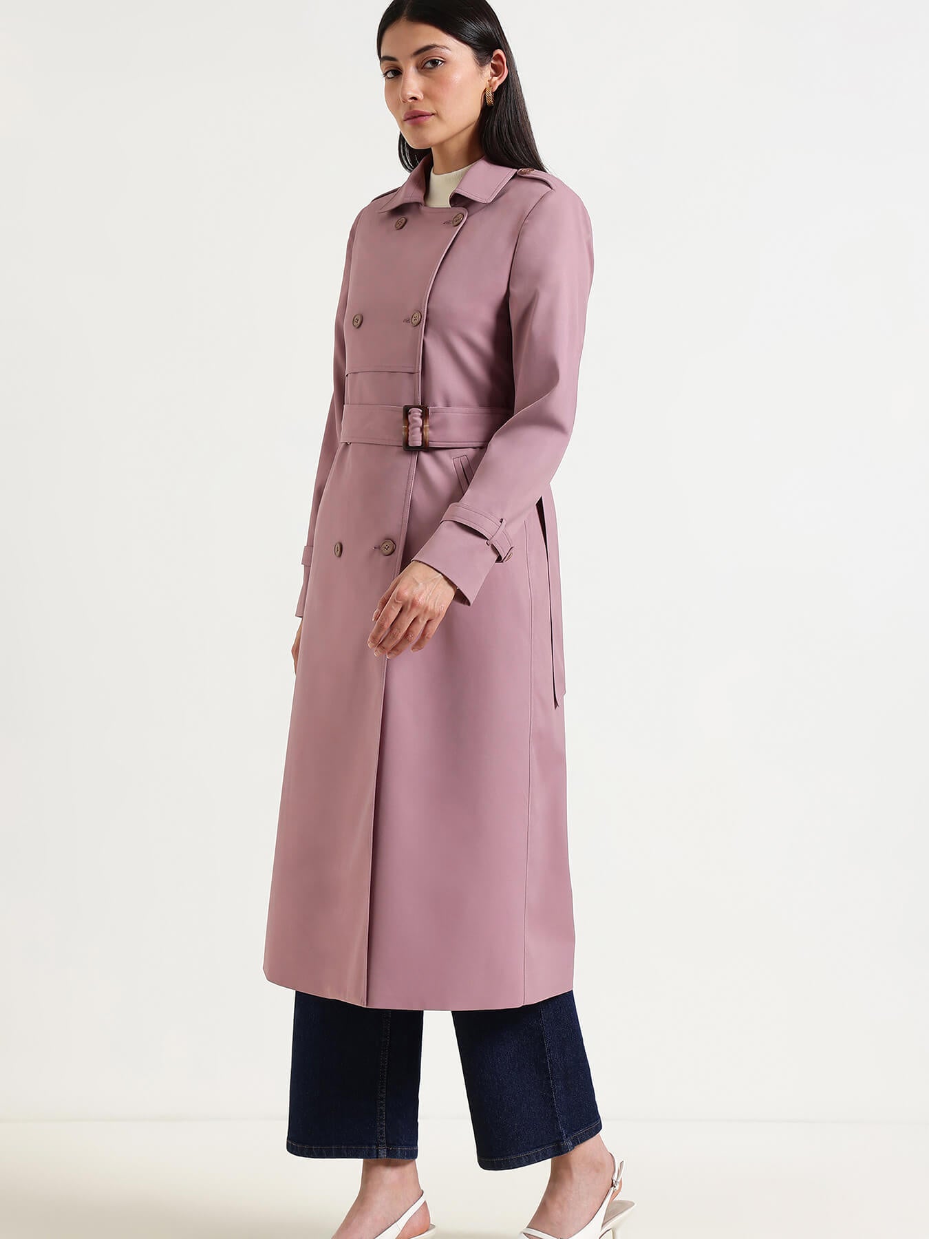 Double-Breasted Long Trench Coat - Lilac