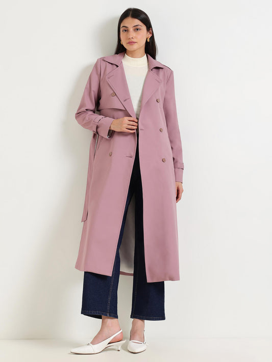 Double-Breasted Long Trench Coat - Lilac
