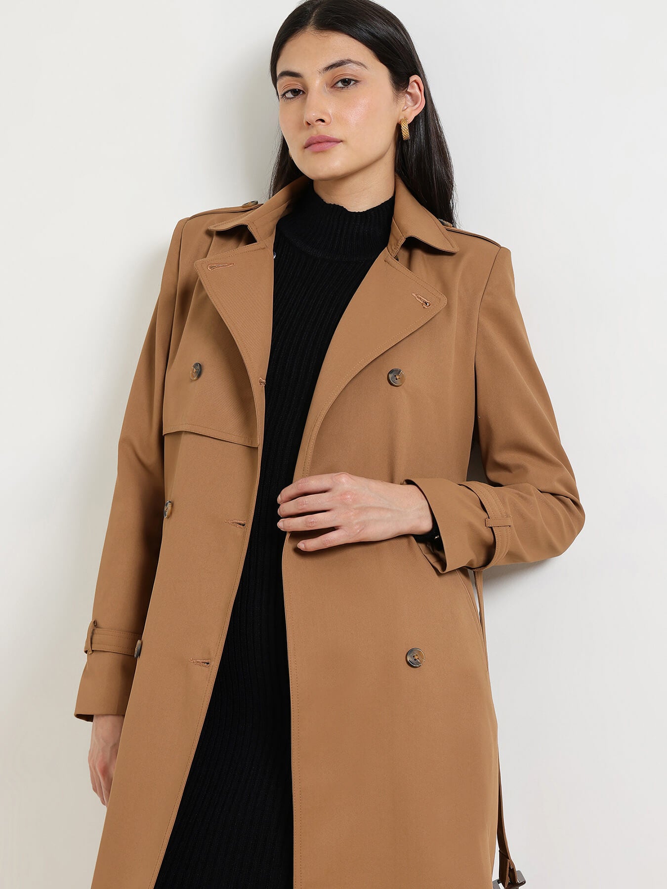Double-Breasted Long Trench Coat - Tan